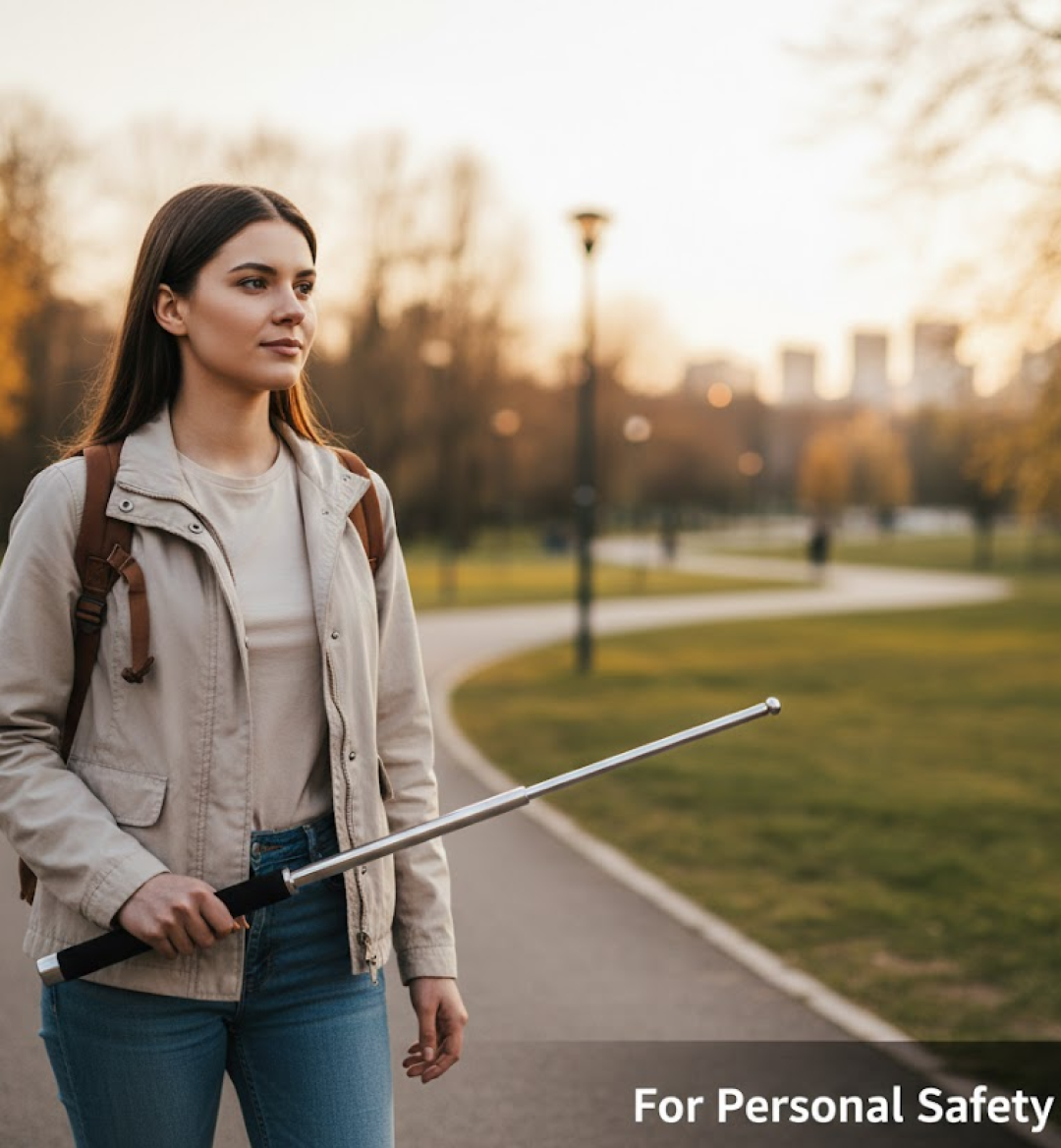 A woman in a light jacket and jeans walks in a park, holding the silver metal baton in her right hand.