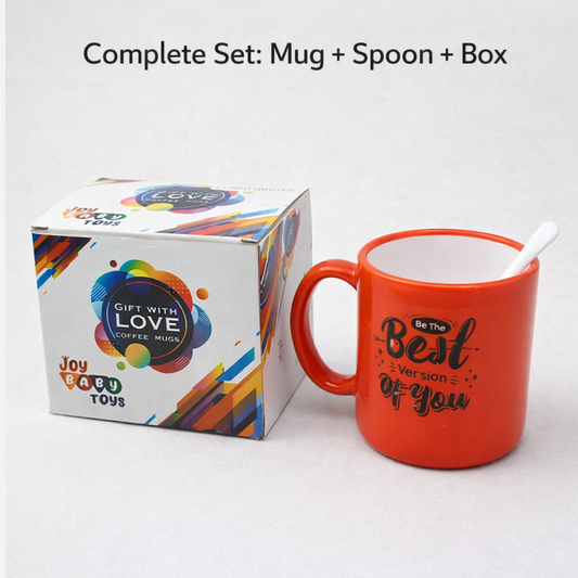 Front view of the designer coffee mug with a matching spoon.