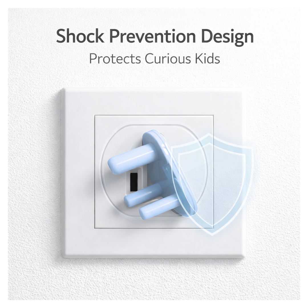 A light blue child-proof plug inserted into a white electric wall socket with a translucent shield icon.