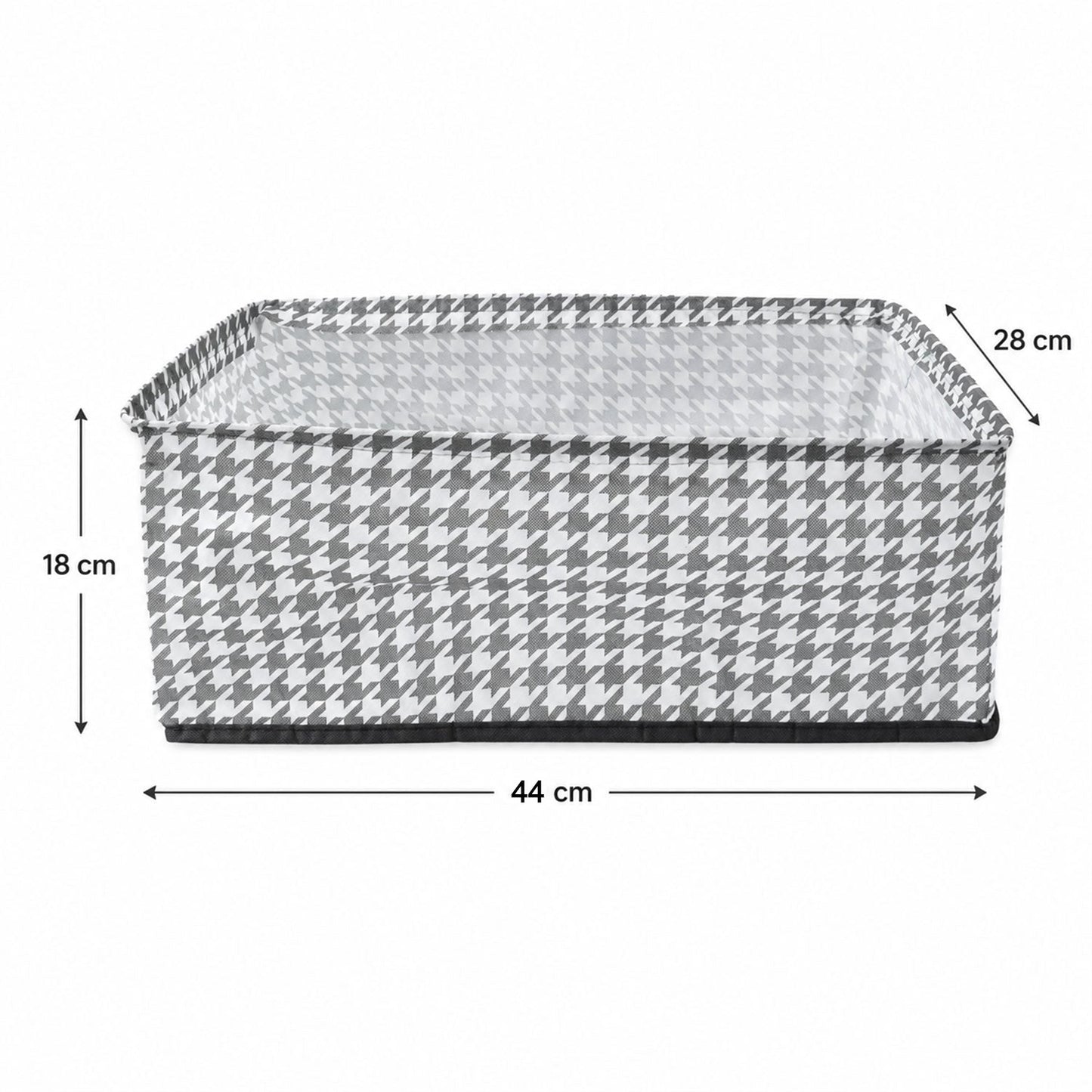 A gray and white houndstooth fabric basket is shown with dimensions of 44 cm length, 28 cm width, and 18 cm height.