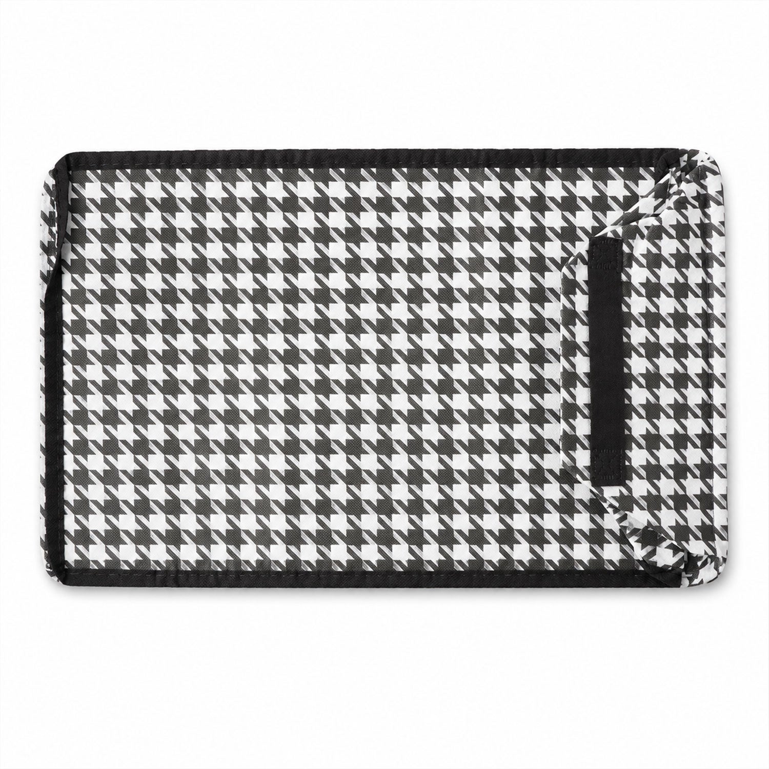 A black and white houndstooth fabric organizer is shown flat, with a black border and a black strap detail.
