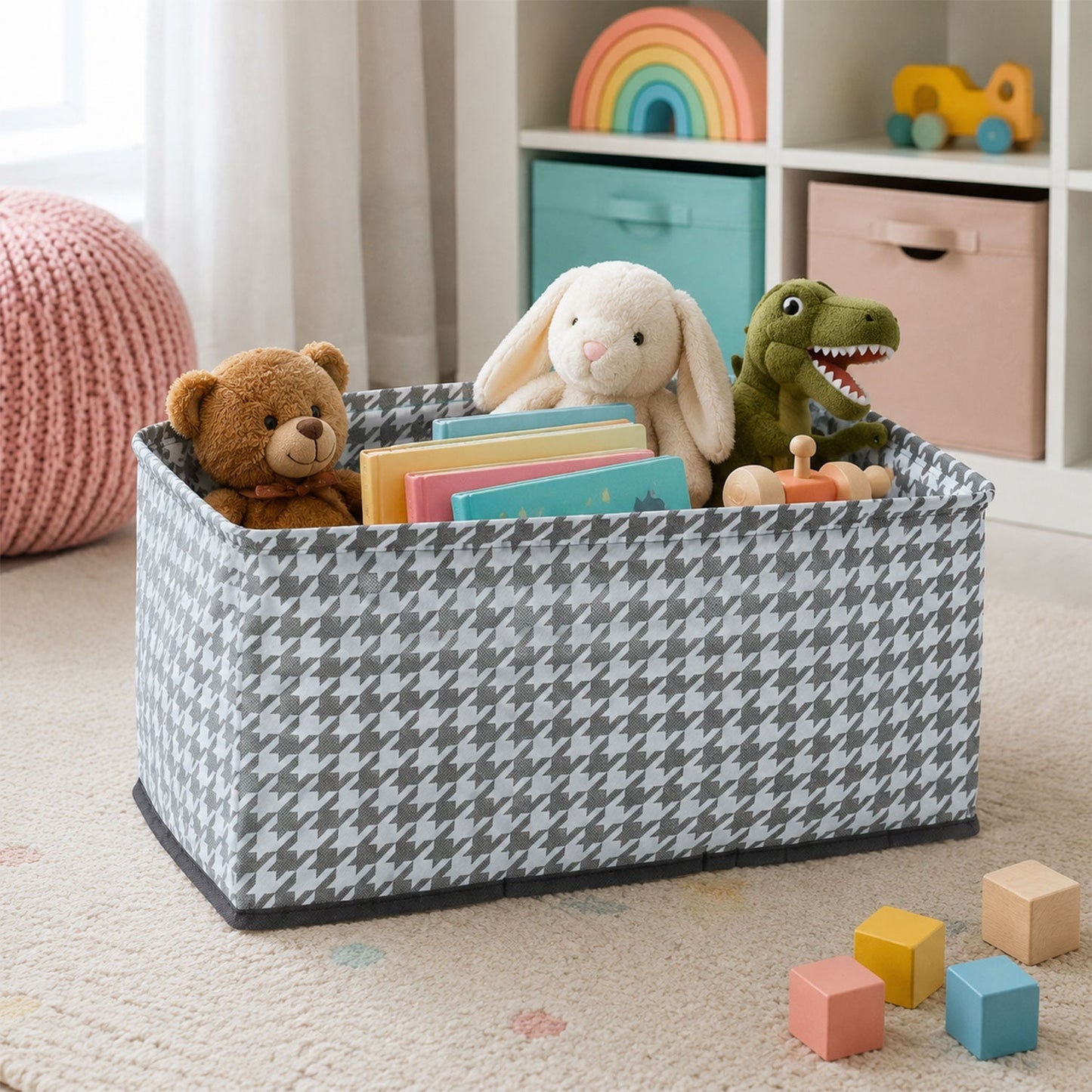 A gray and white houndstooth fabric basket holds a teddy bear, bunny, dinosaur, books, and wooden toys in a child's room.