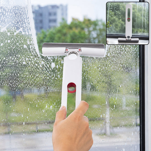 A hand holds a white and red silicone squeegee cleaning a soapy window, with an inset showing it on a car window.