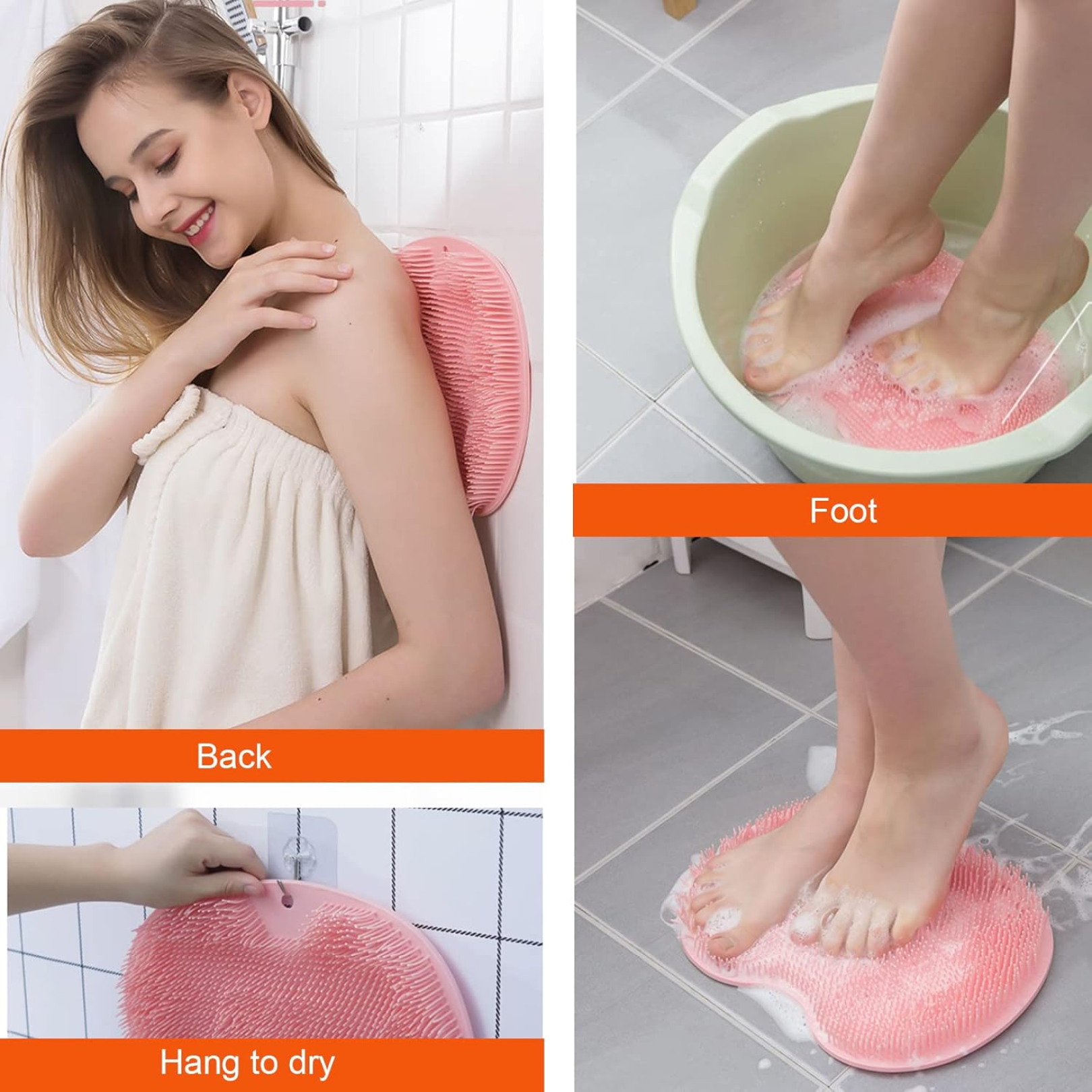 Silicone foot scrubber mat suctioned securely to smooth bathroom surface