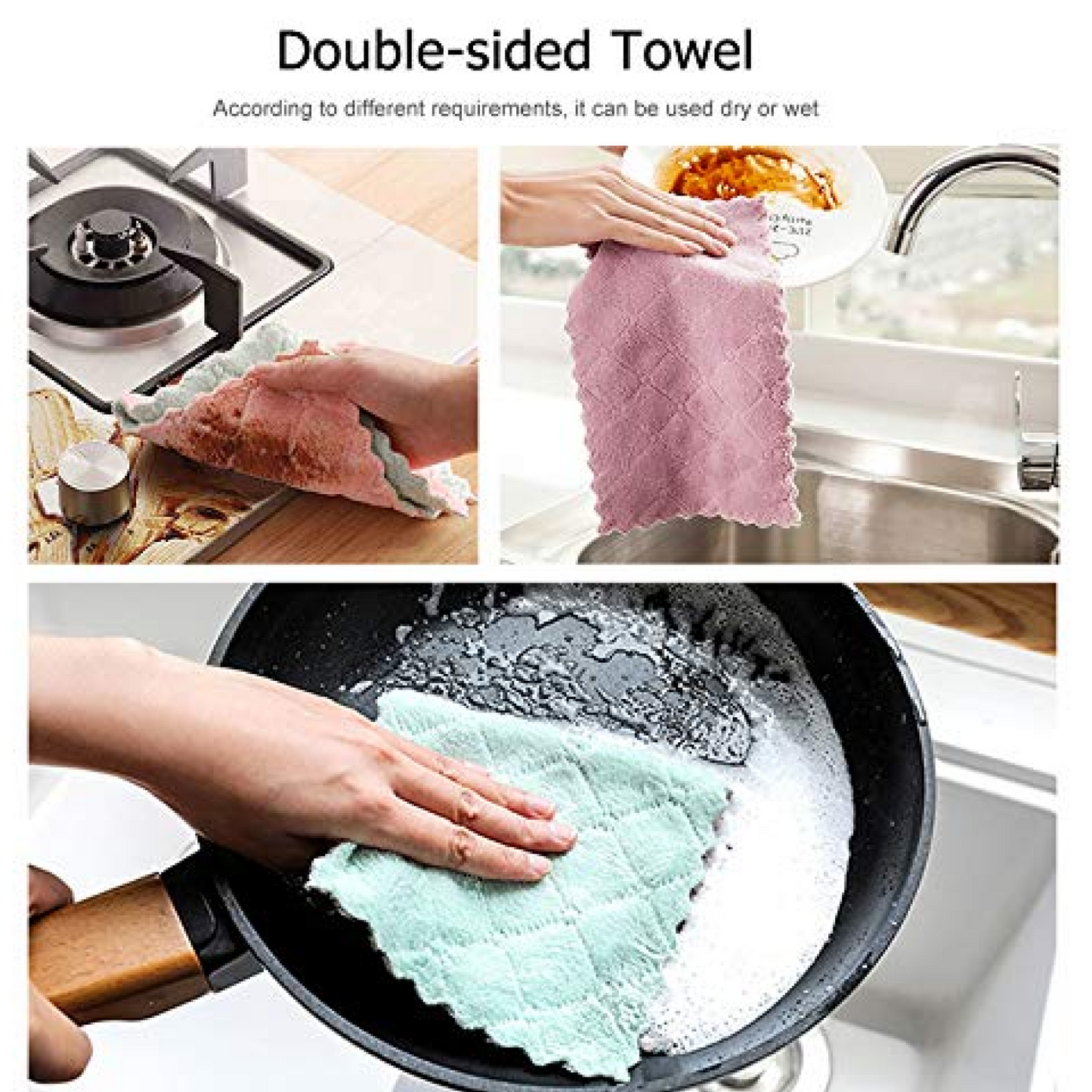 A collage shows a hand wiping a stove, a hand cleaning a dirty plate, and a hand scrubbing a pan with a towel.