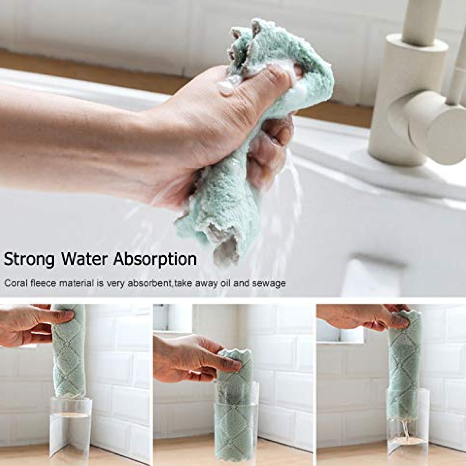 A hand wrings out a wet, light green microfiber towel over a sink, demonstrating its water absorption.