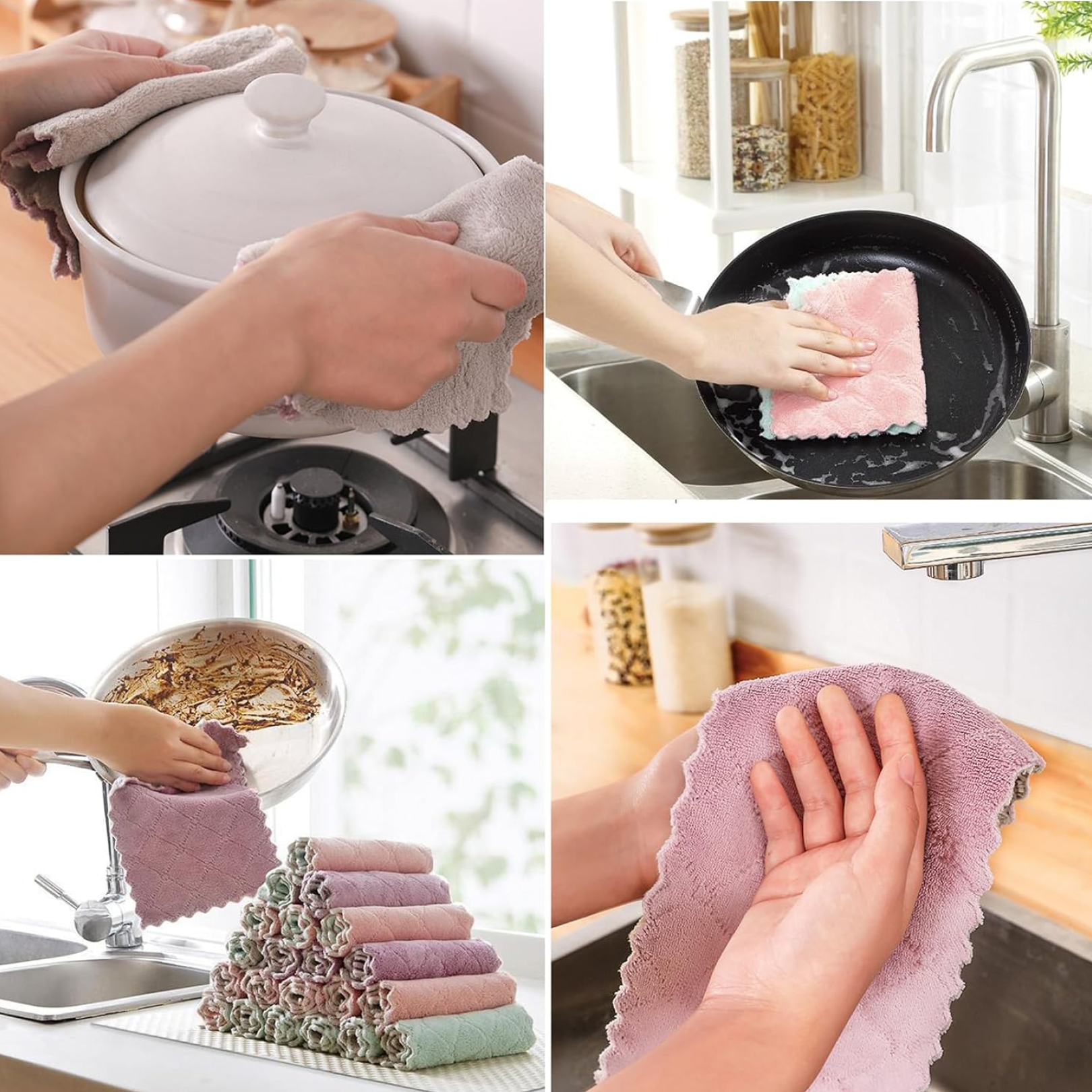 A collage shows various uses: wiping a pot, cleaning a pan, scrubbing a bowl, and a stack of colorful towels.