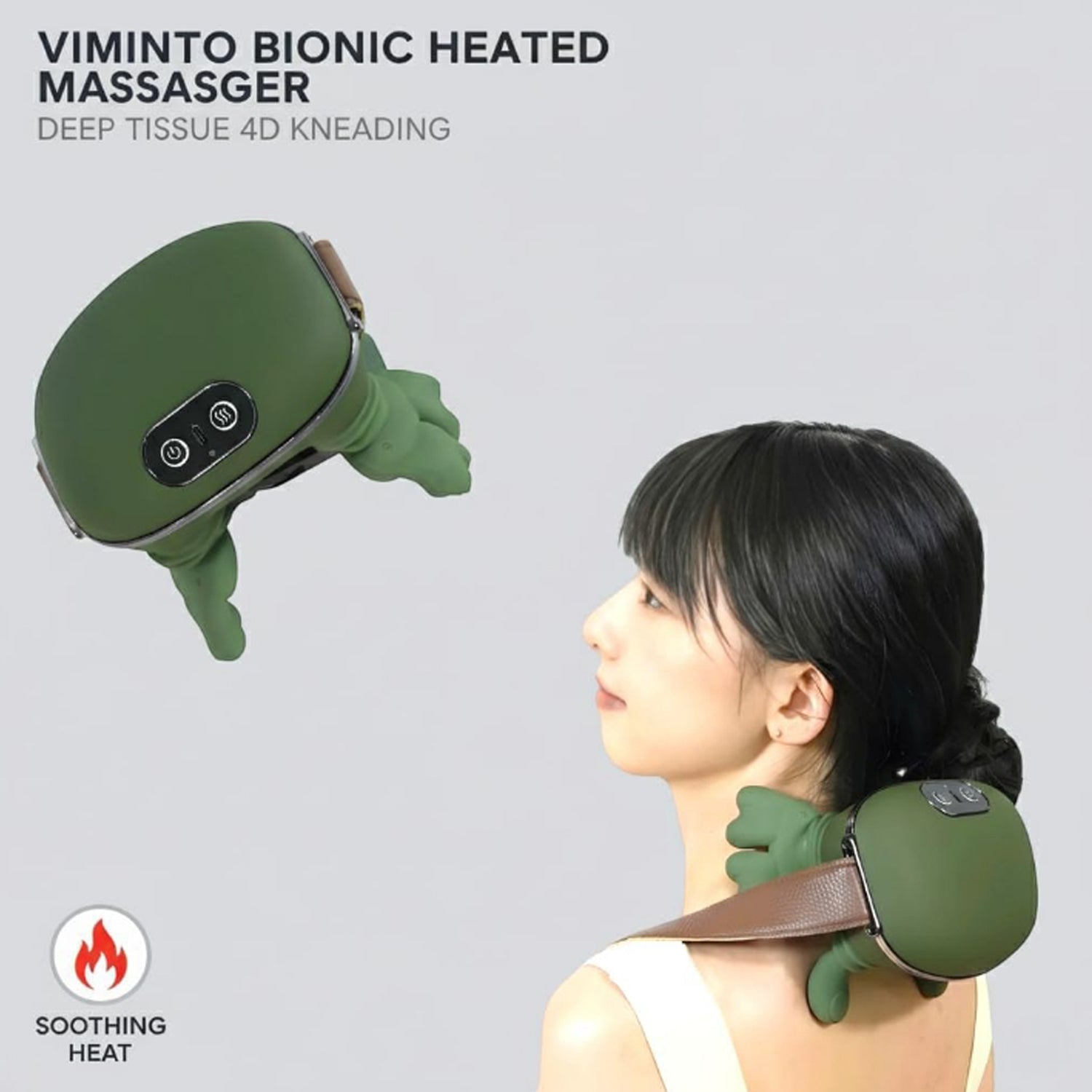 A woman with dark hair looks to the side while a green bionic massager is on her shoulder. Another massager floats above her