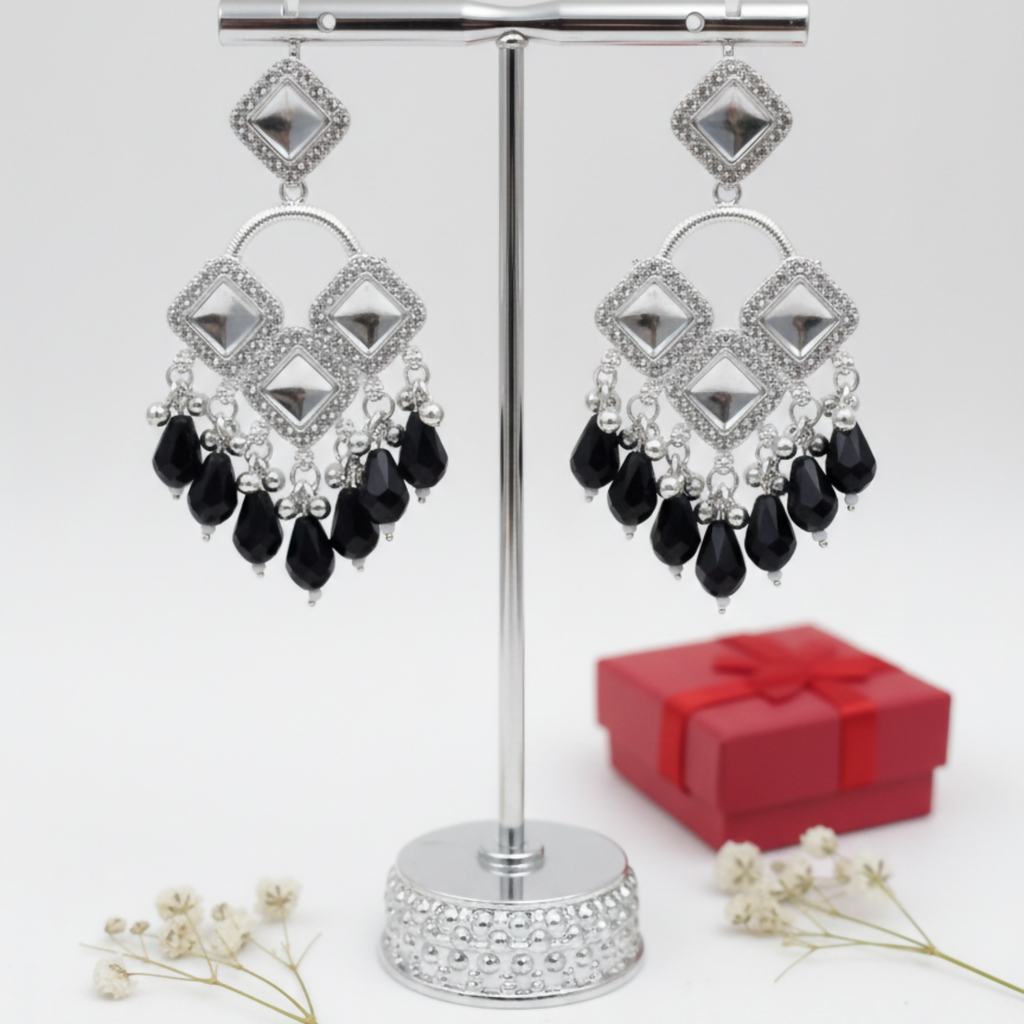 Elegant Silver Plated Chandelier Earrings Featuring Square Crystals and Black Teardrop Beads
