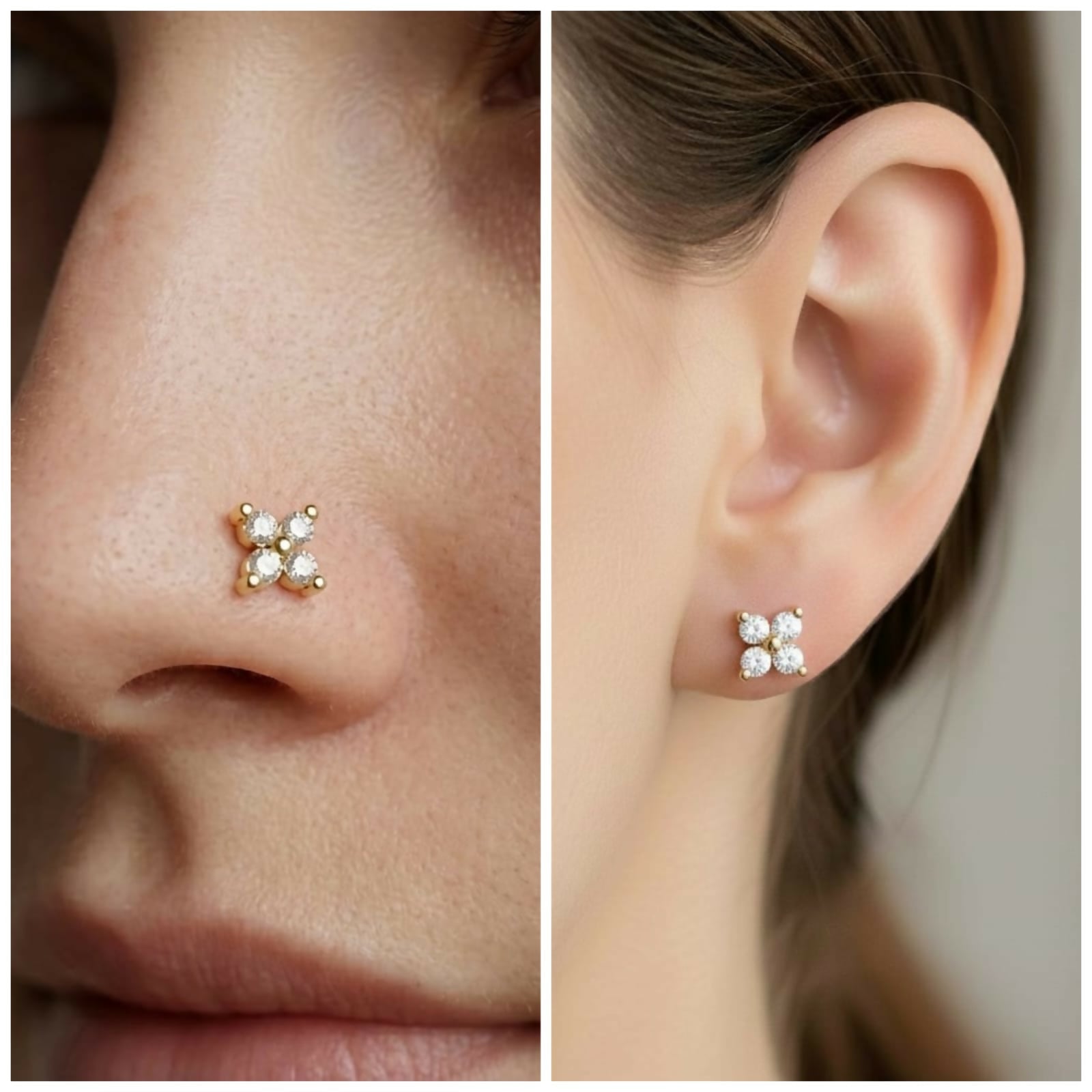 Gold plated AD Flower Flat Back Nosepin Stud Combo Pack of 2