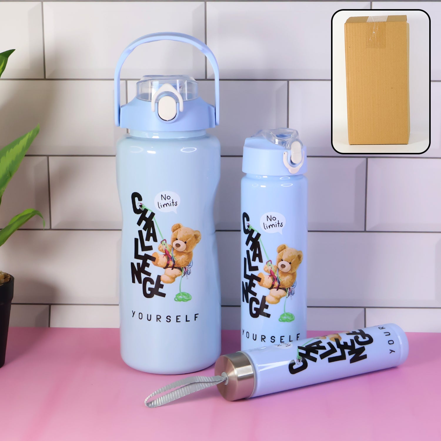 Premium water bottle set of 3 in 2000ML, 900ML, and 300ML sizes with leak-proof design
