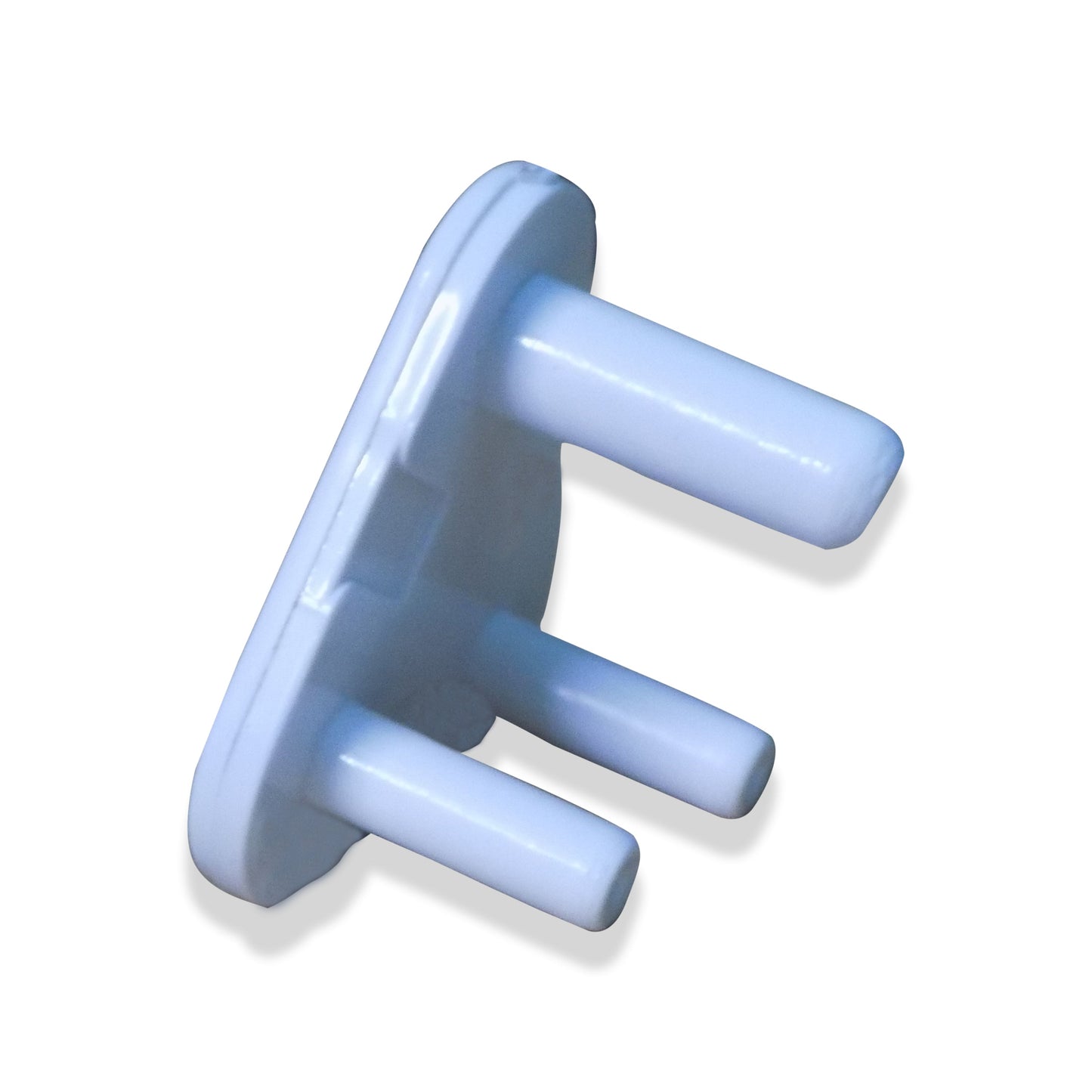 A white 3-pin socket cover is angled on a white background, with a soft shadow beneath it.
