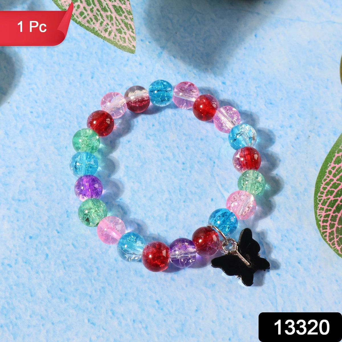 Close-up of transparent multicolor crackle beads on stretch bracelet