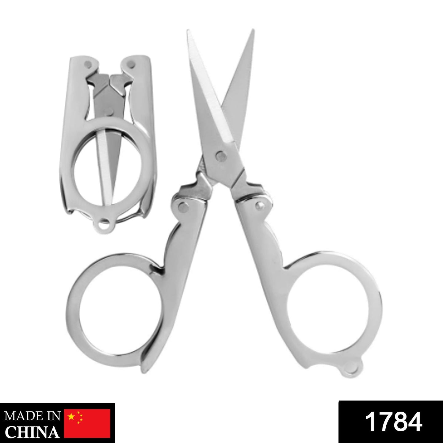 Two silver folding scissors, one open and one closed, are displayed on a white background with a 'Made in China' label.
