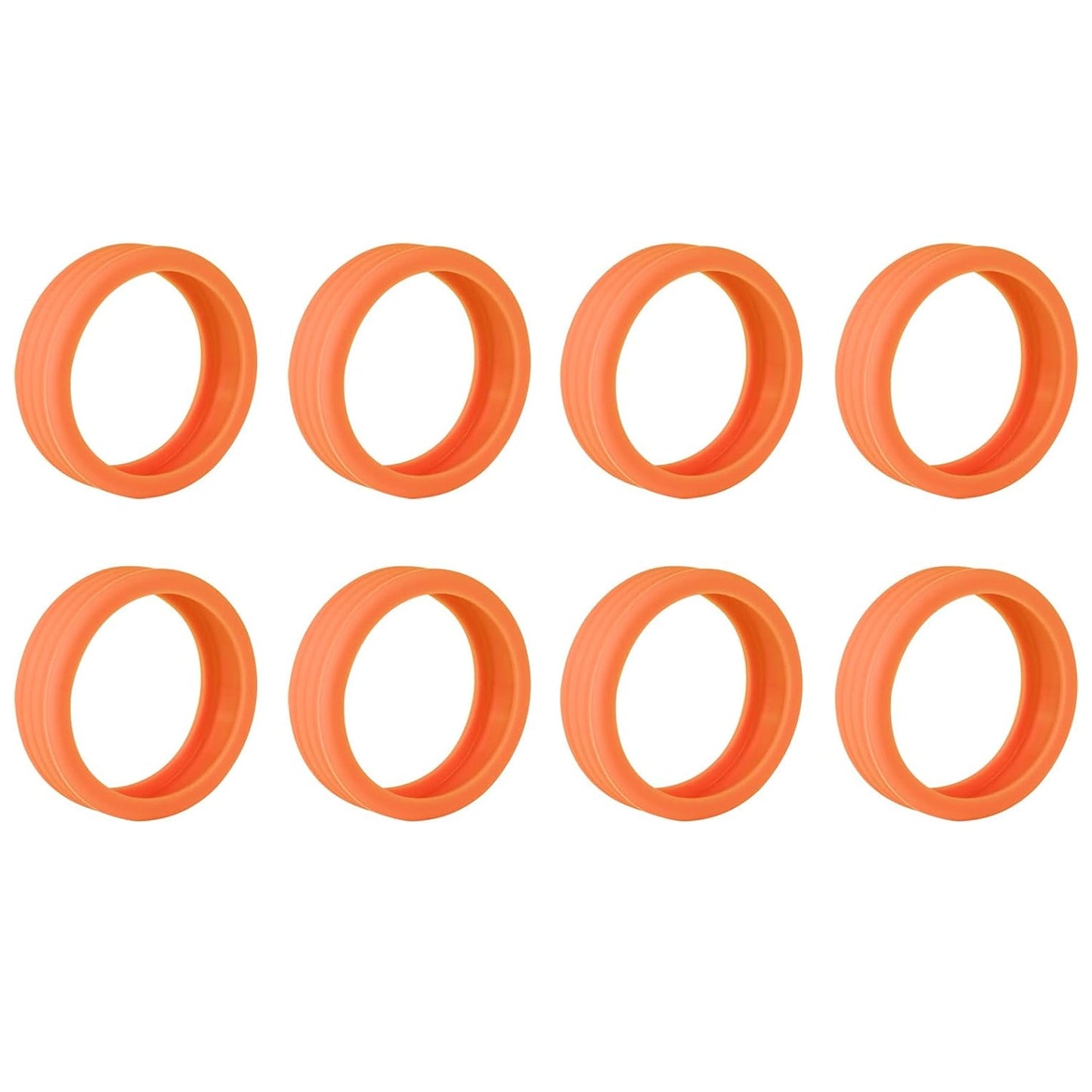 Eight orange silicone wheel covers with a ribbed texture, arranged in two rows on a white background.