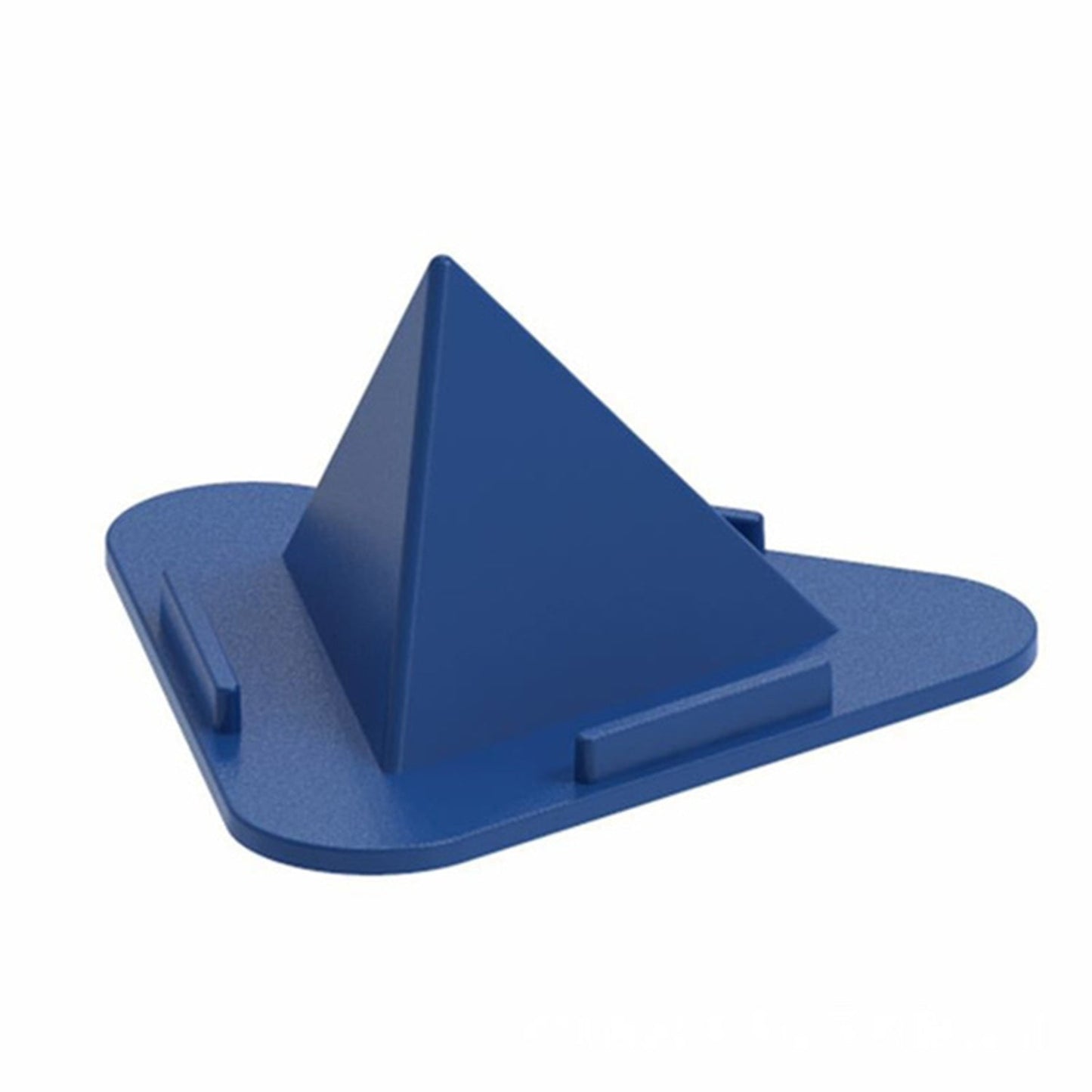 A blue pyramid-shaped mobile stand with a flat base and two small ledges for device support.