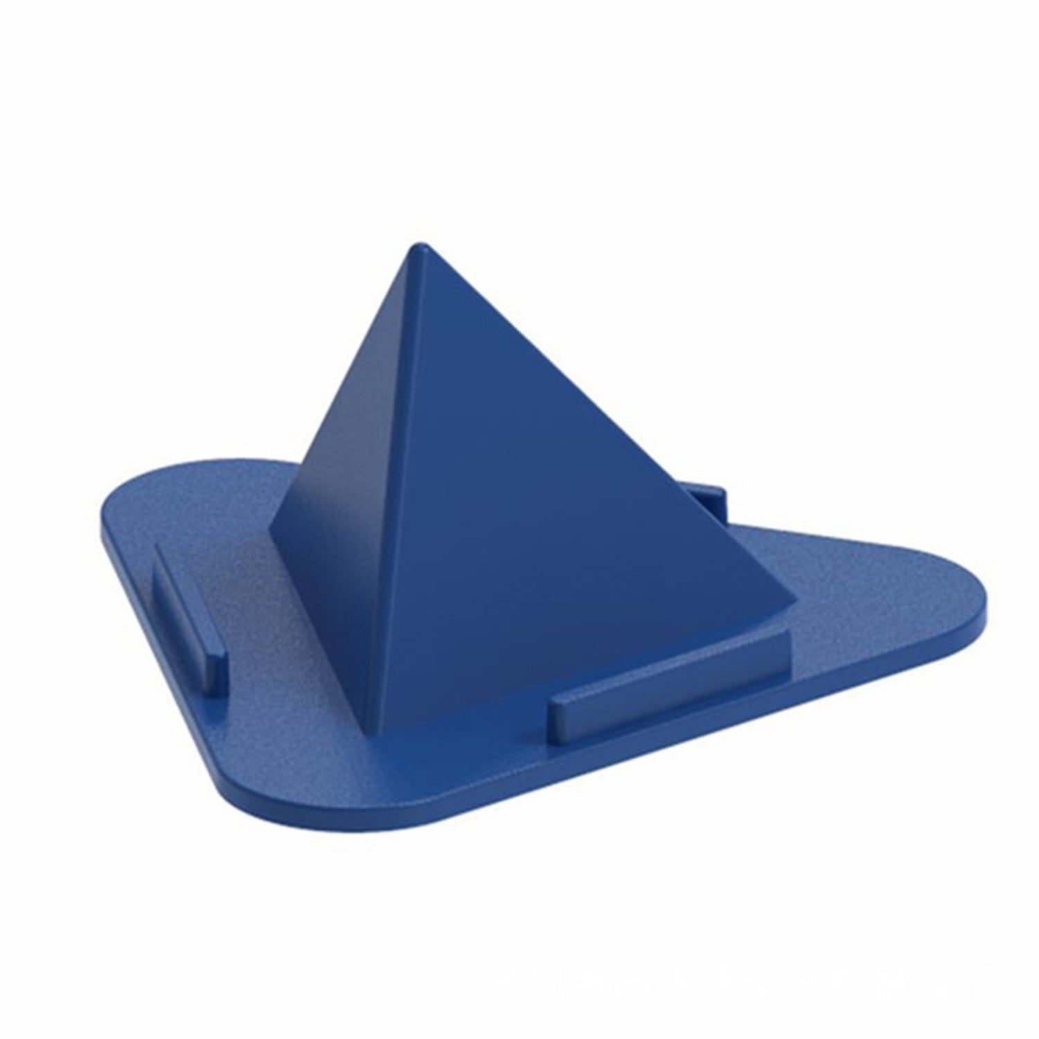 A blue pyramid-shaped mobile stand with a flat base and two small ledges for device support.
