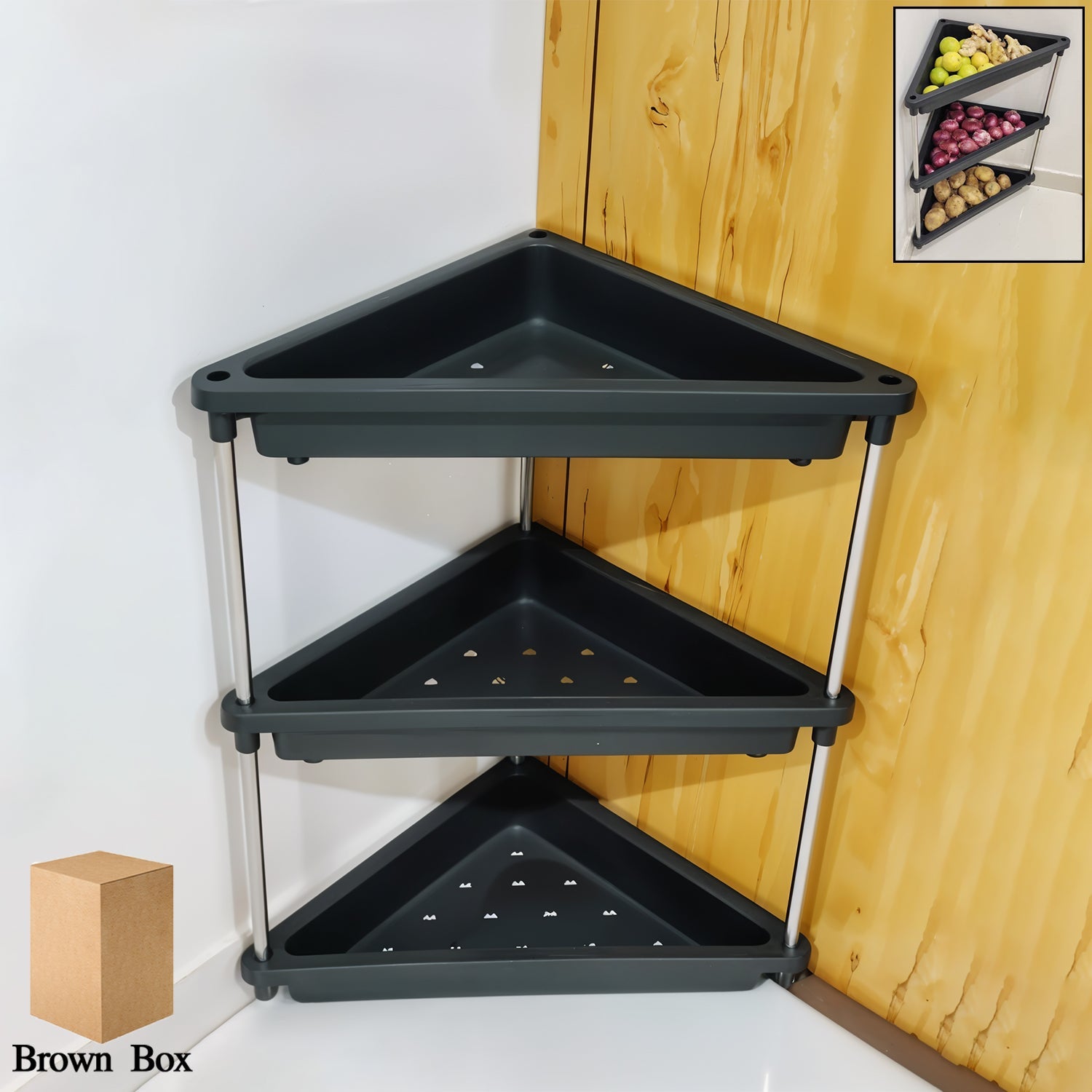 3-layer plastic corner storage rack with triangular shelves and metal support rods