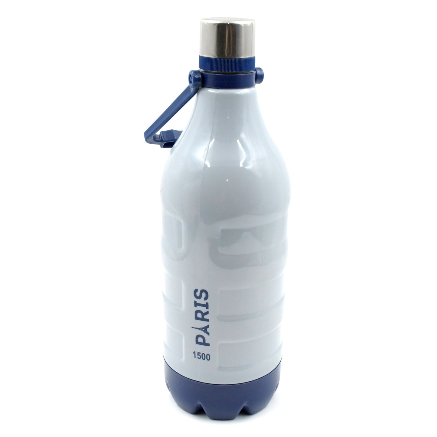 Full view of the white and blue insulated water bottle with a handle on a plain white background.