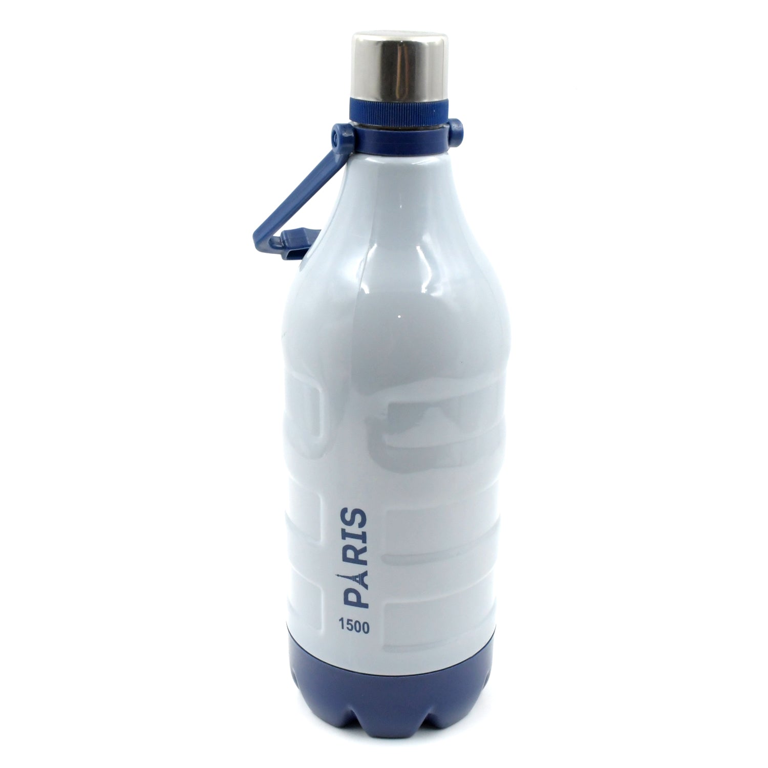 Full view of the white and blue insulated water bottle with a handle on a plain white background.