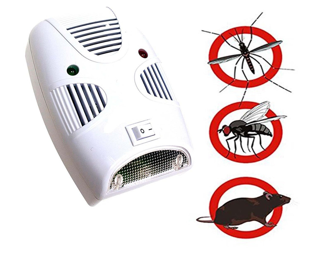 A white ultrasonic pest repeller with a power switch and lights, next to red no-entry signs over a mosquito, fly, and rat.