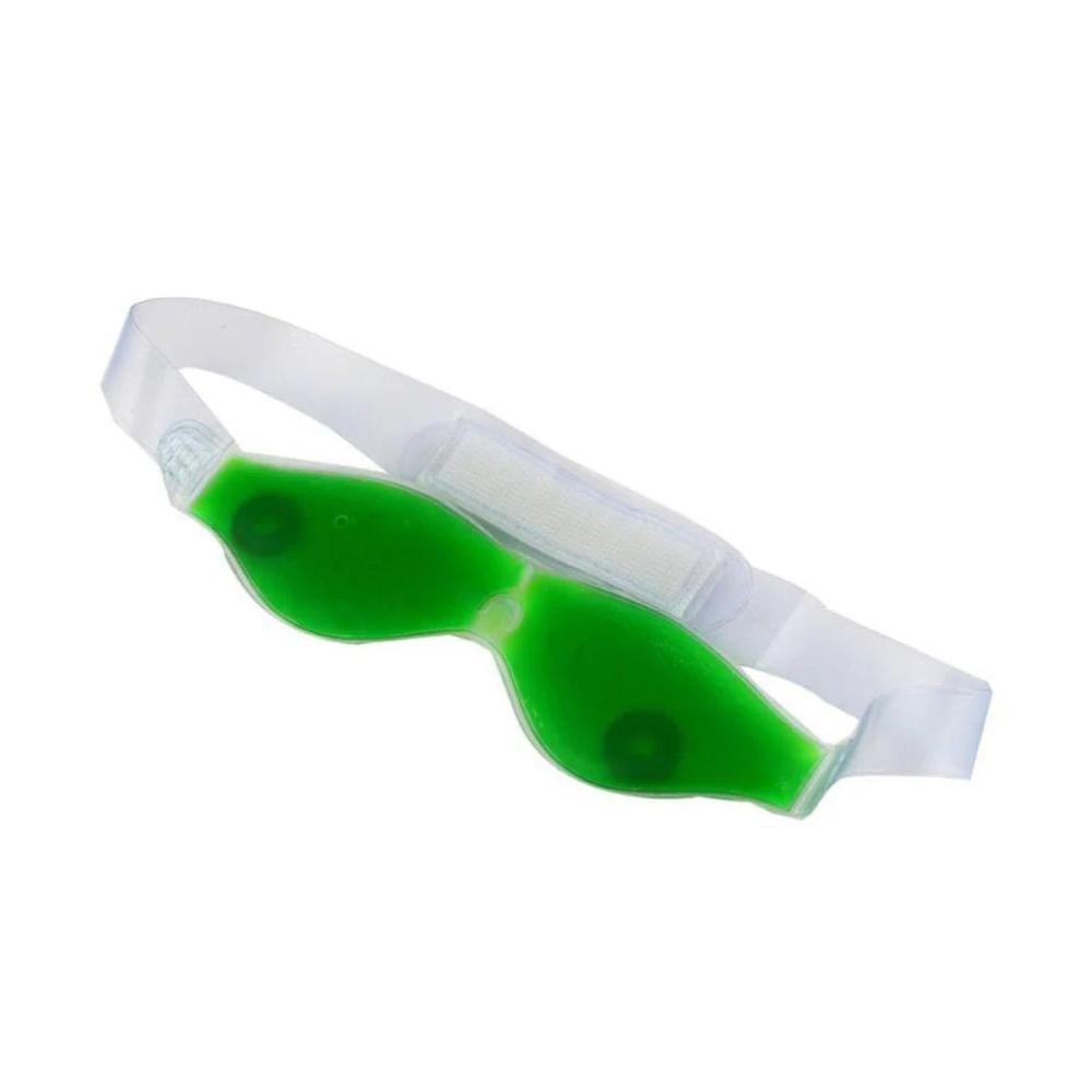 A green gel eye mask with a clear strap and white velcro closure is presented on a white background.