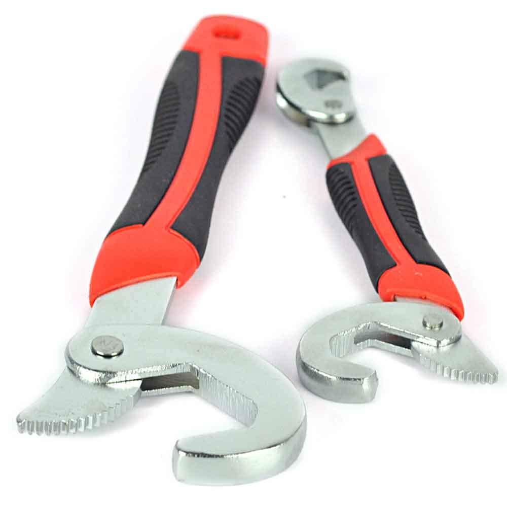 A pair of red and black universal snap grip wrenches are positioned on a clean white background.