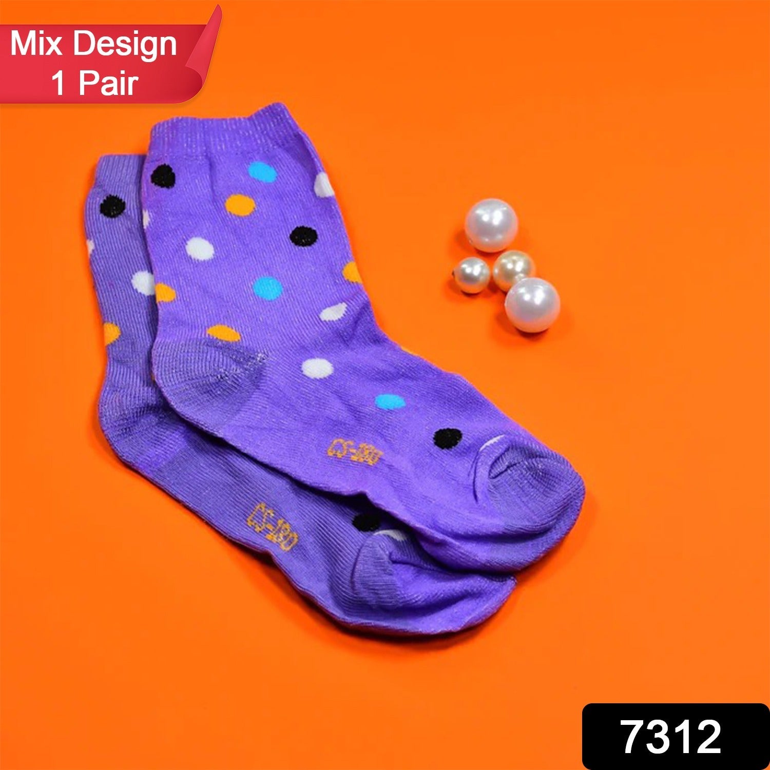 A pair of purple crew socks with colorful polka dots and white pearls on an orange background.