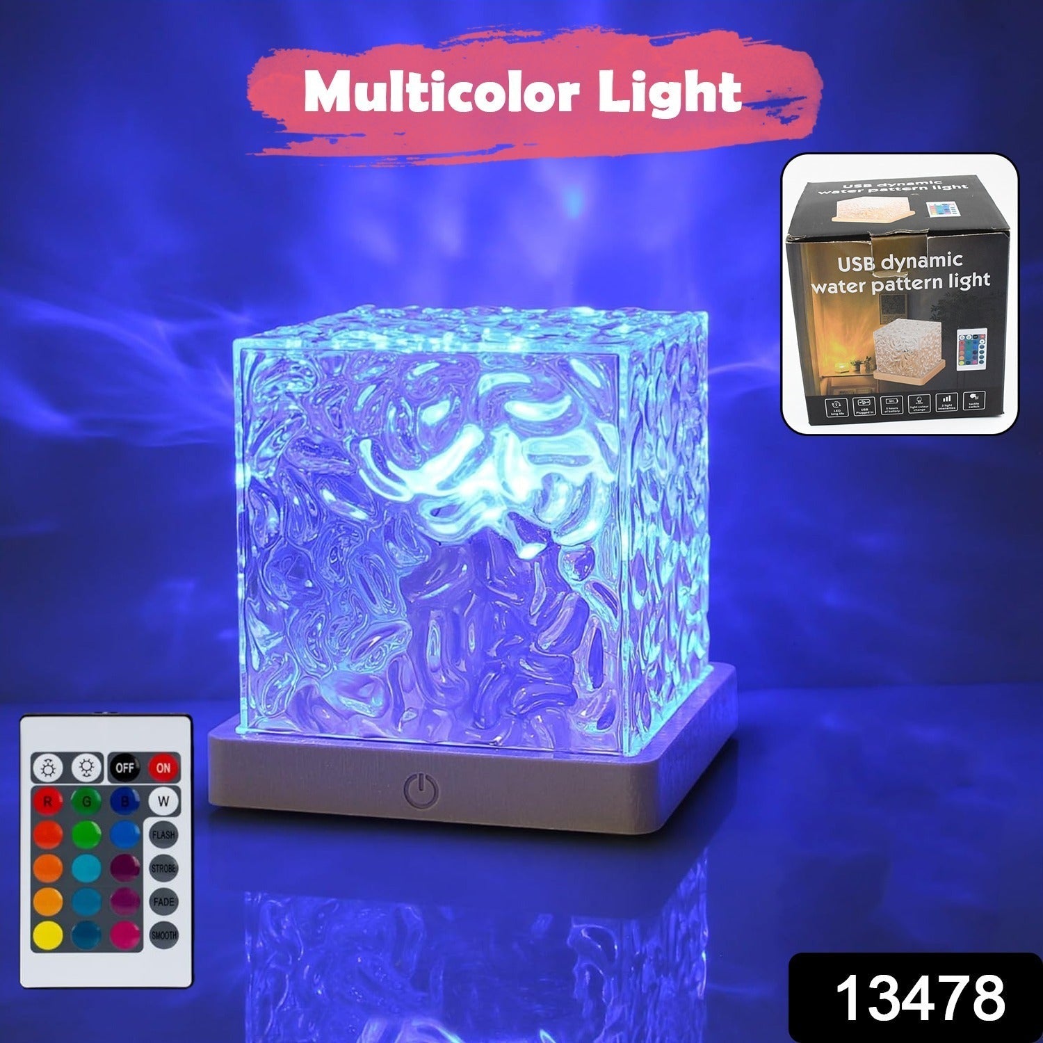 A crystal cube lamp projecting blue ripples, with a remote control and product packaging box in the upper right.