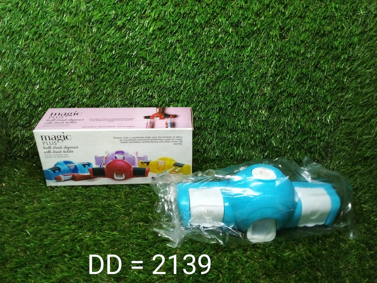 A blue toothpaste dispenser in plastic packaging next to its retail box, on a green textured background with 'DD = 2139'