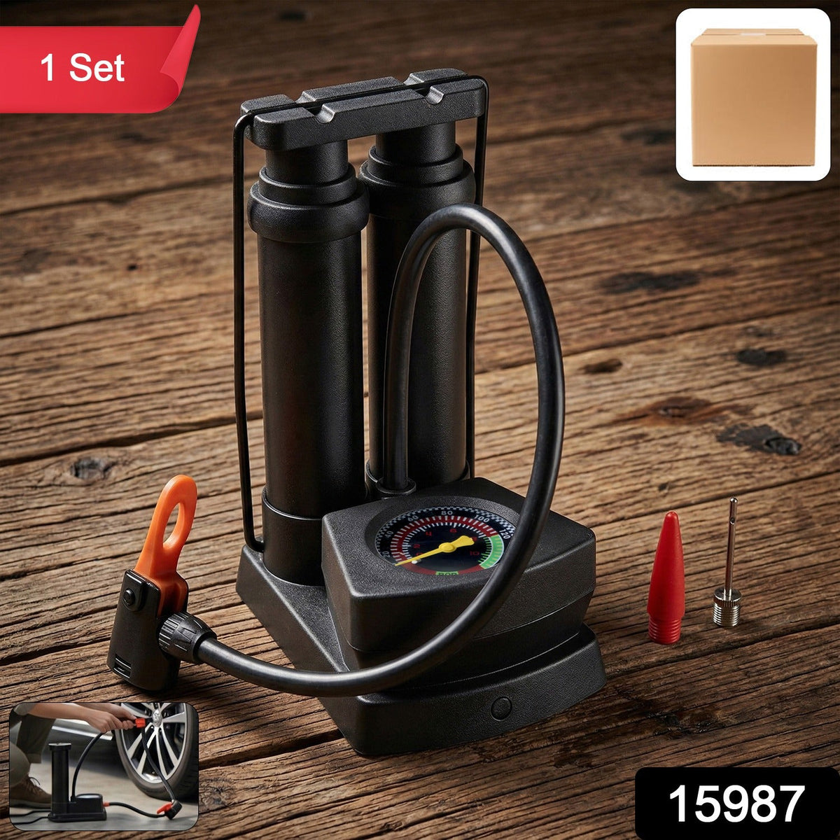 A black foot air pump with a pressure gauge and orange nozzle, on a wooden surface, with a brown box icon.