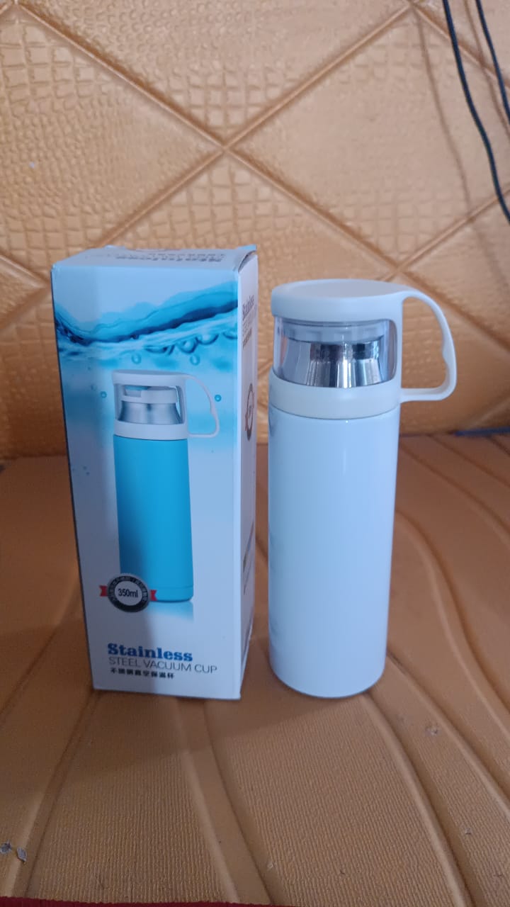 Portable vacuum thermos bottle with stainless steel body and handle