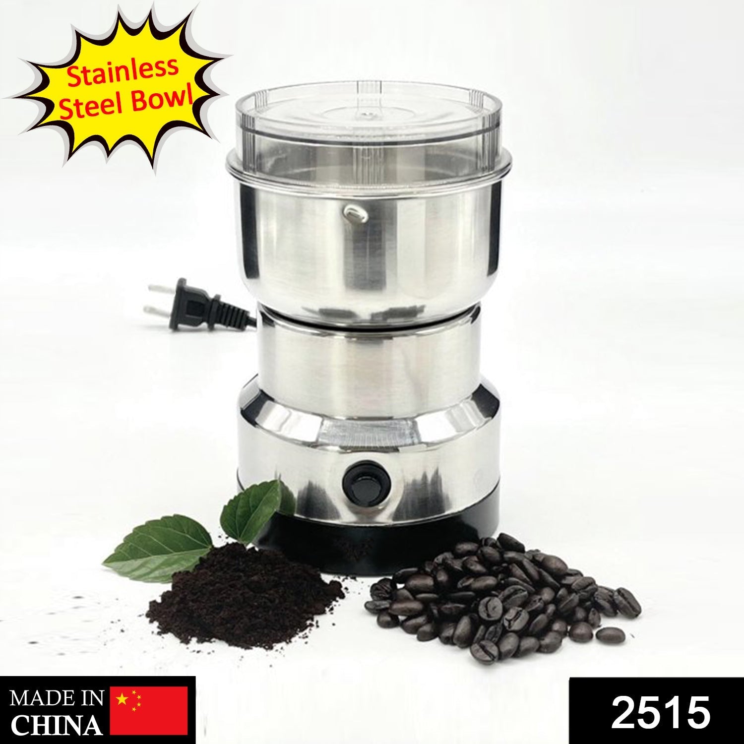 A stainless steel grinder with a clear lid and black base is displayed with coffee beans and ground coffee.