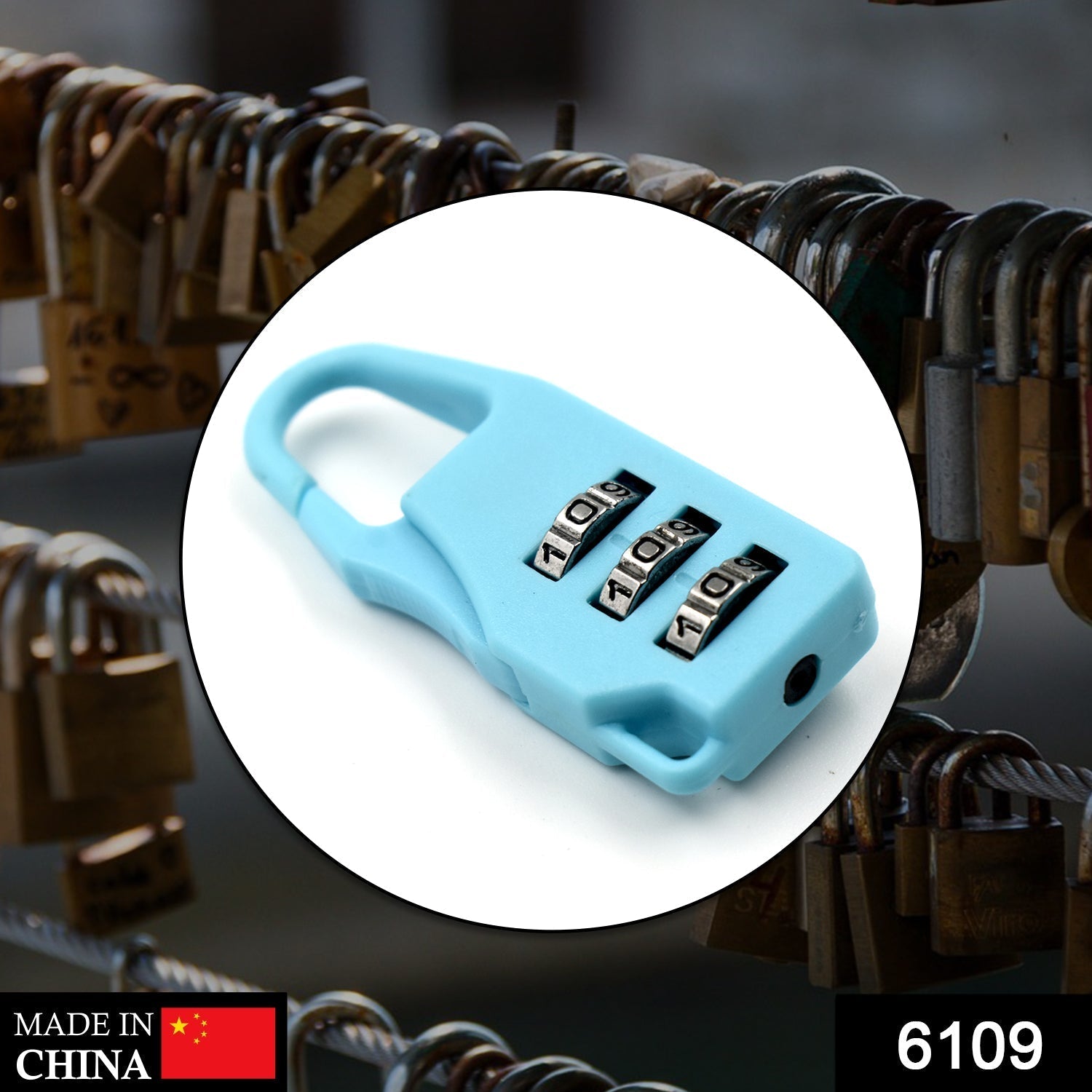 A light blue 3-digit combination lock centered in a circle, surrounded by blurred metal padlocks on a fence.