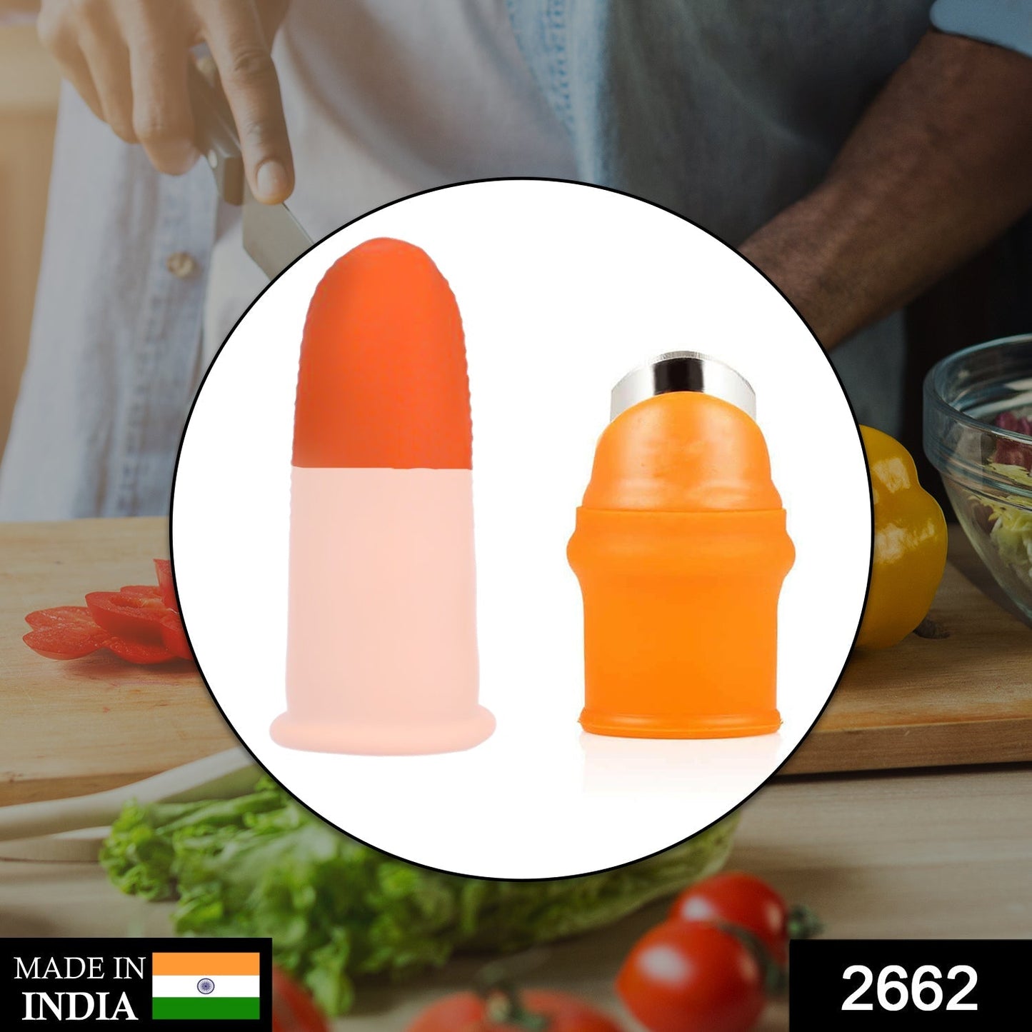 Two silicone thumb and finger tools, one orange with a blade and one beige, shown against a blurred kitchen background.