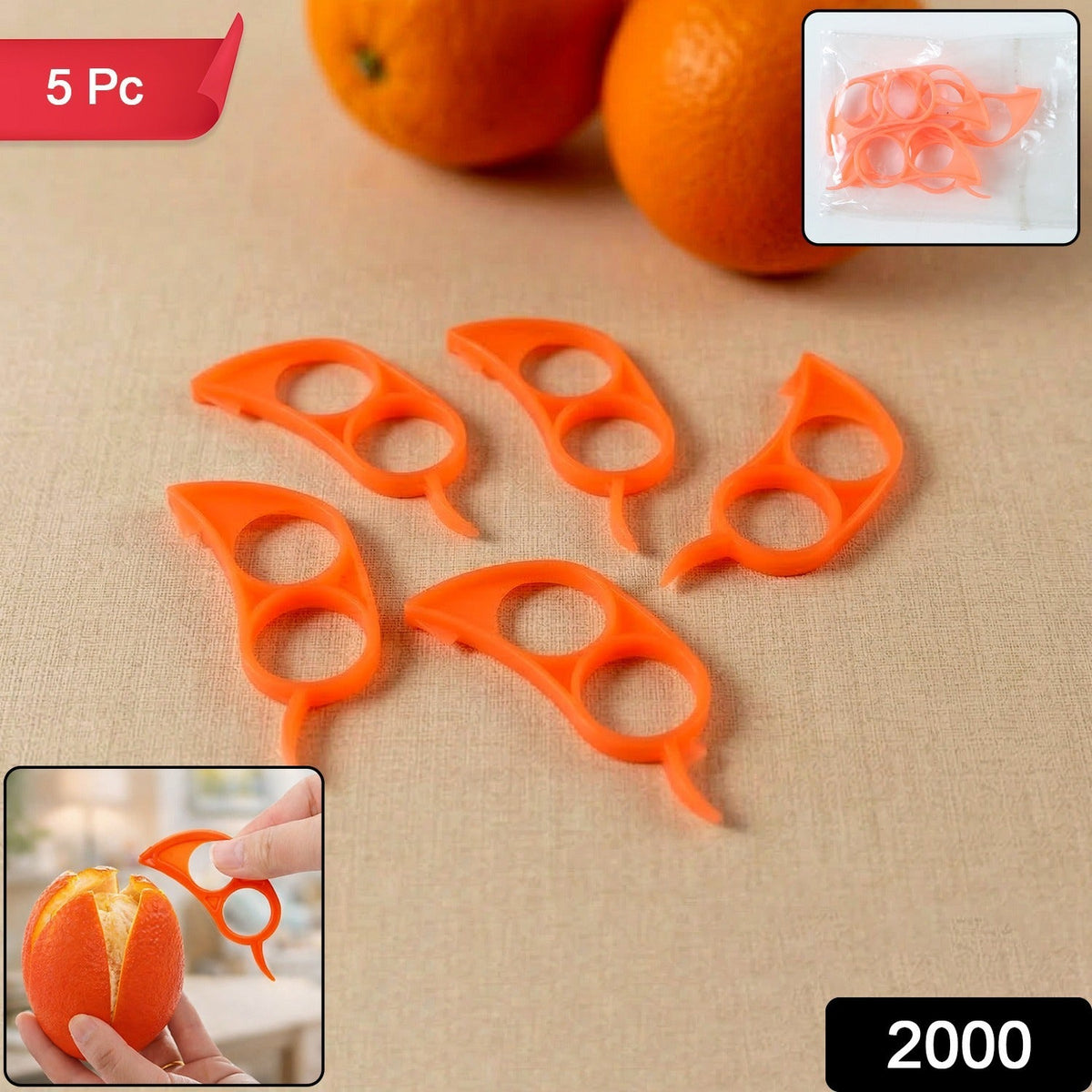 Five orange plastic citrus peelers are displayed on a light brown surface, with two oranges in the background.