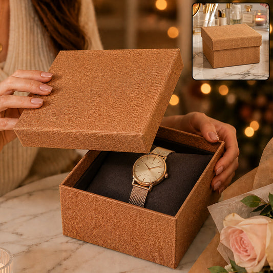 Woman opening a brown textured gift box revealing a gold watch on a dark cushion inside.