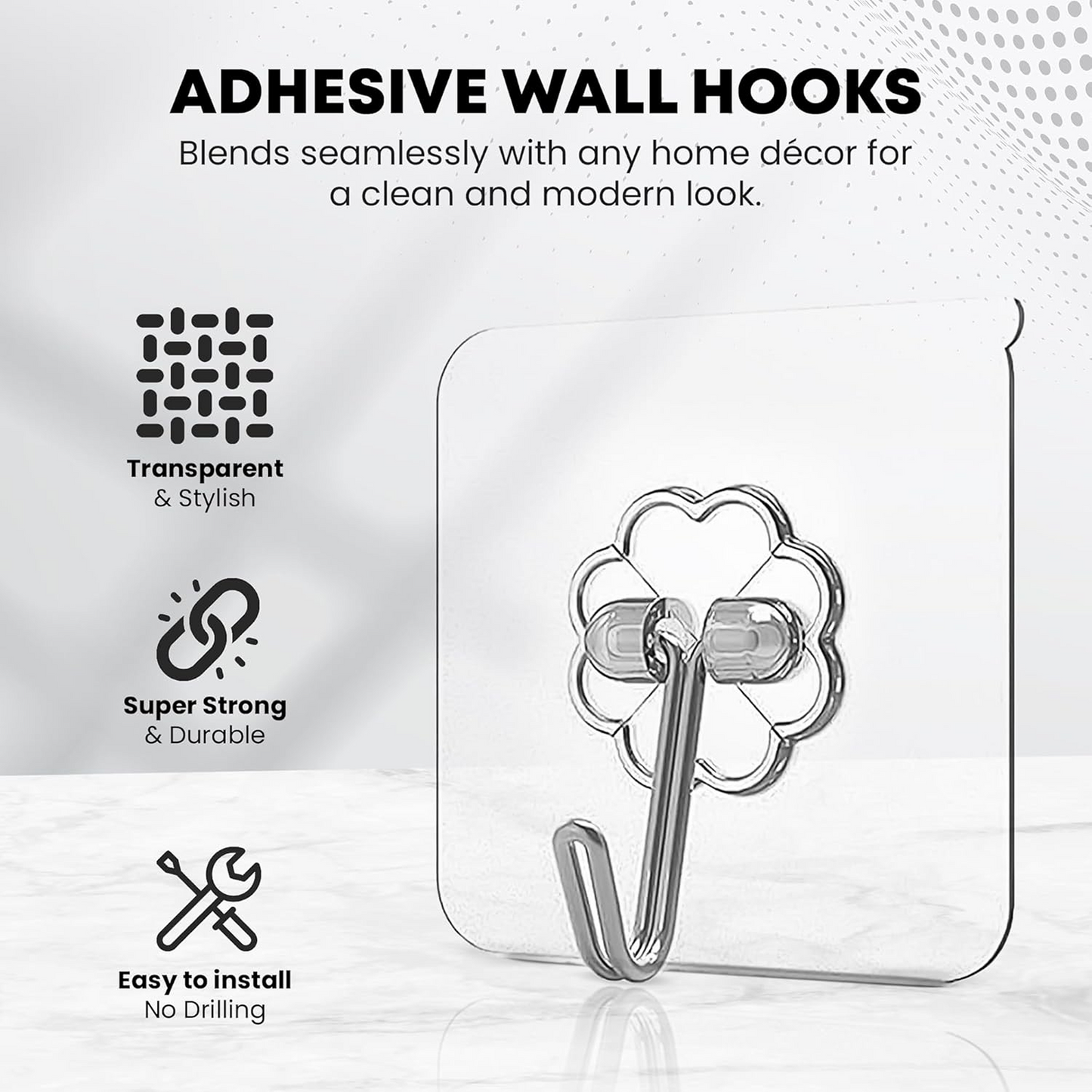 A transparent adhesive hook with a silver stainless steel hook is displayed, highlighting its clear and stylish design,