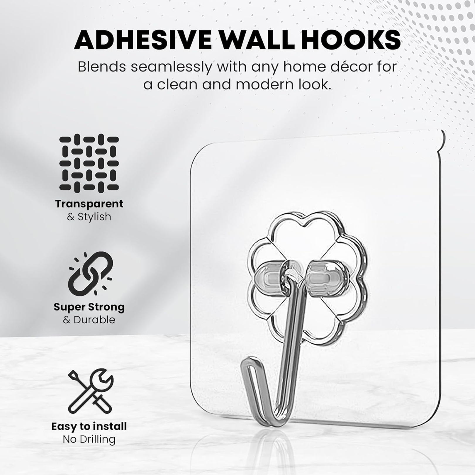 A transparent adhesive hook with a silver stainless steel hook is displayed, highlighting its clear and stylish design,