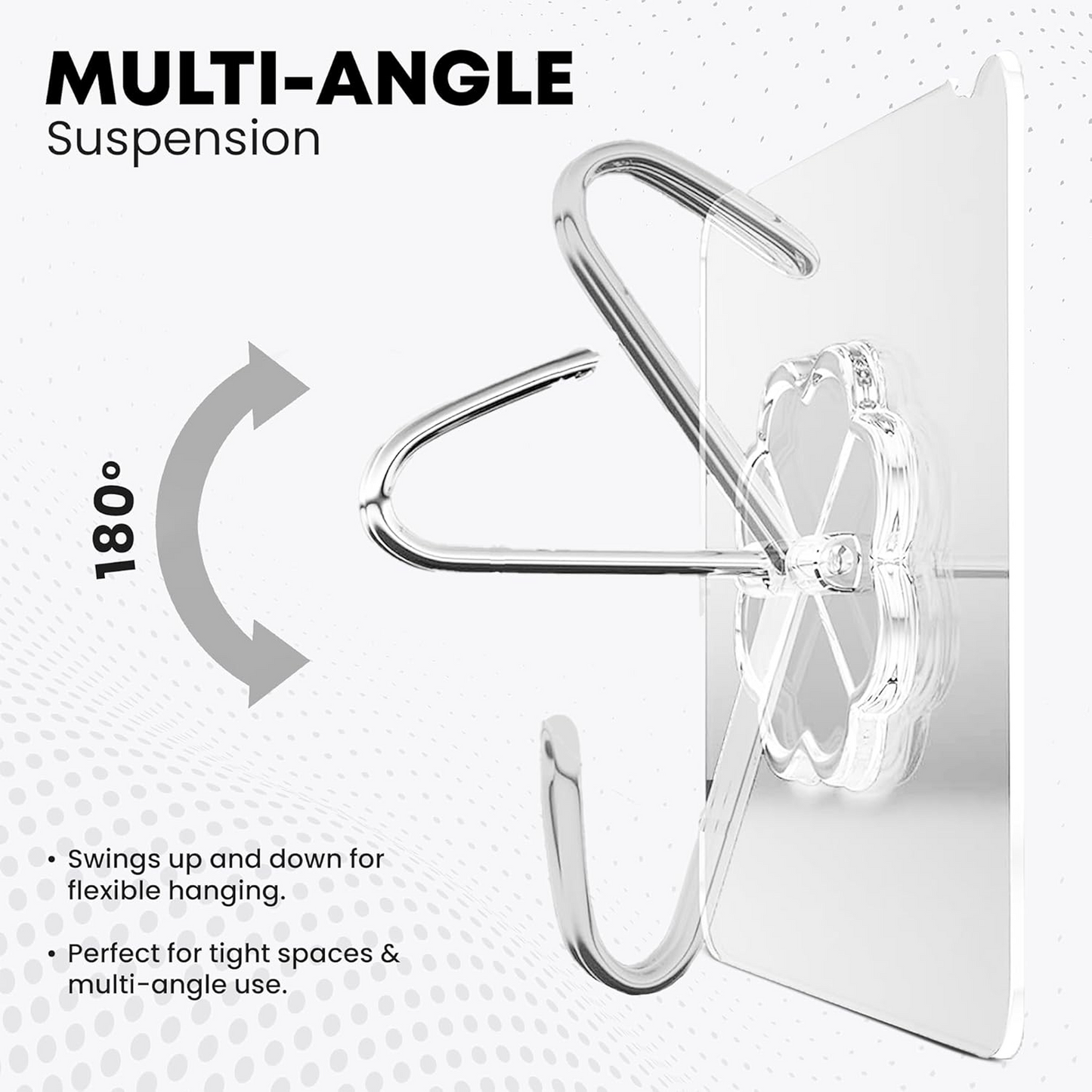 A transparent adhesive hook with a silver stainless steel hook demonstrates 180-degree multi-angle suspension, swinging up