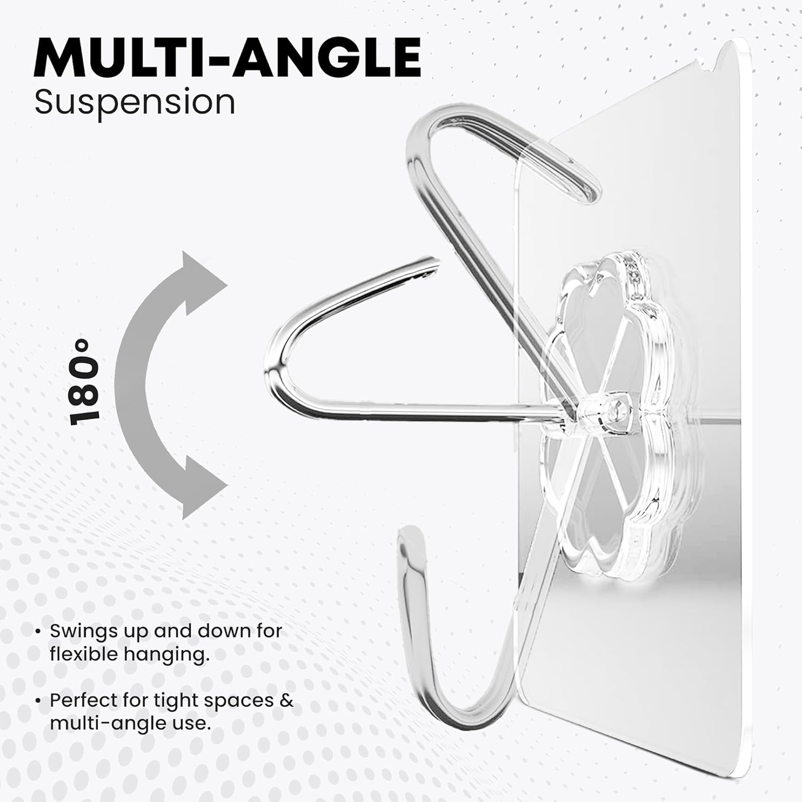 A transparent adhesive hook with a silver stainless steel hook demonstrates 180-degree multi-angle suspension, swinging up