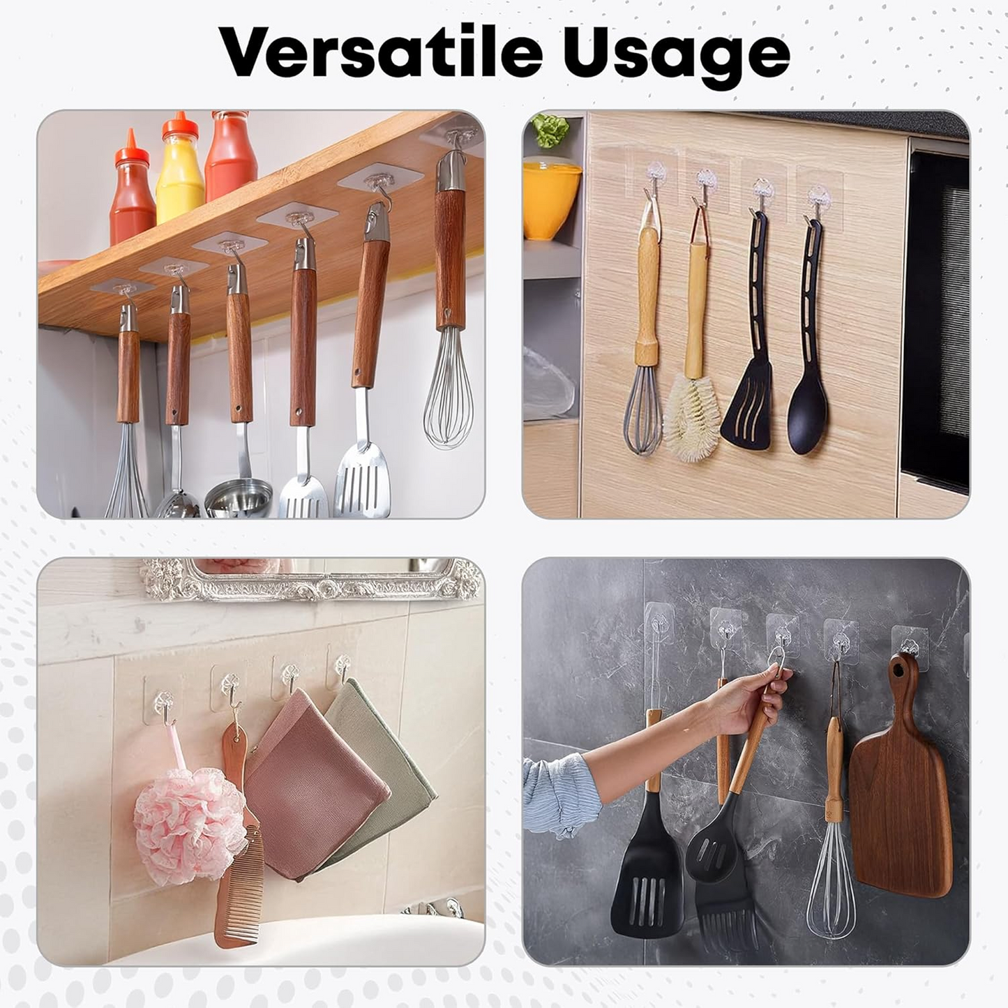 Four square images show clear adhesive hooks in various kitchen and bathroom settings, holding utensils, sponges, and towels.