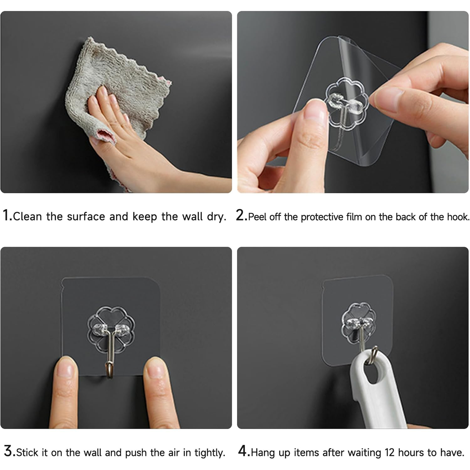 A four-panel graphic illustrates the installation process of the clear adhesive hook: cleaning, peeling, sticking, and
