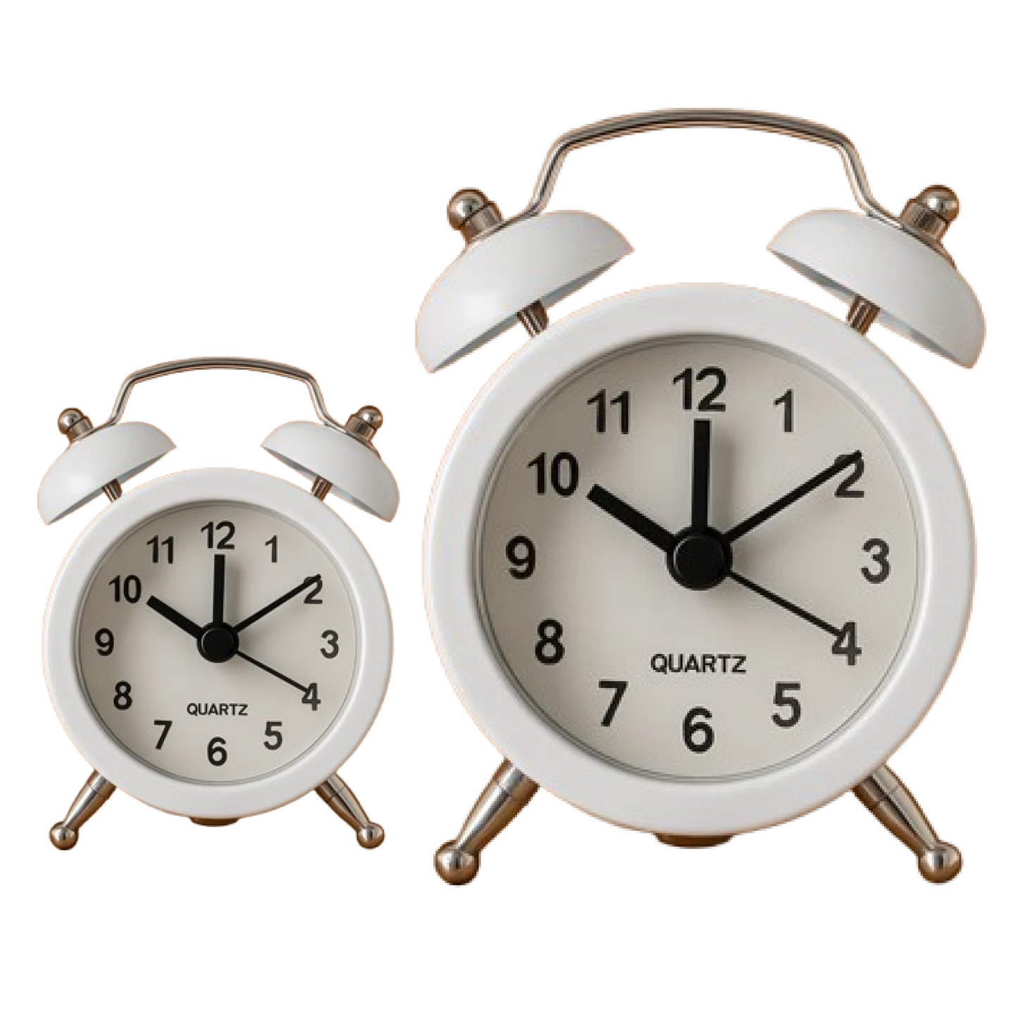 Vintage twin-bell analog alarm clock on a minimalist study desk.