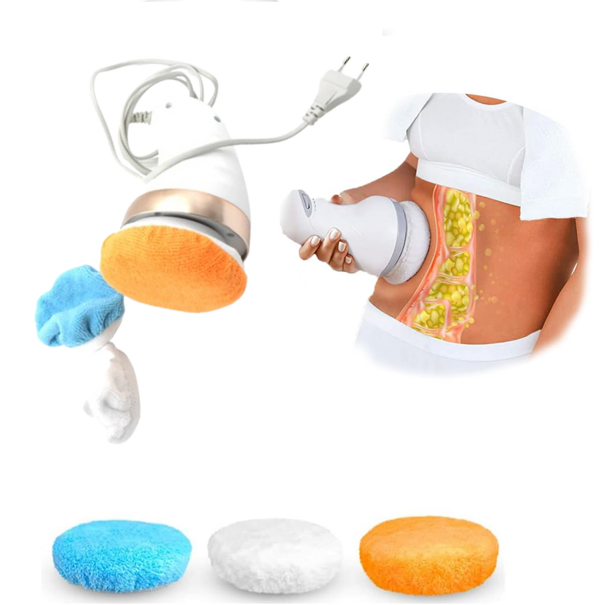 A white and rose gold massager with an orange pad, and two other pads (blue and white) floating next to it. An inset shows a