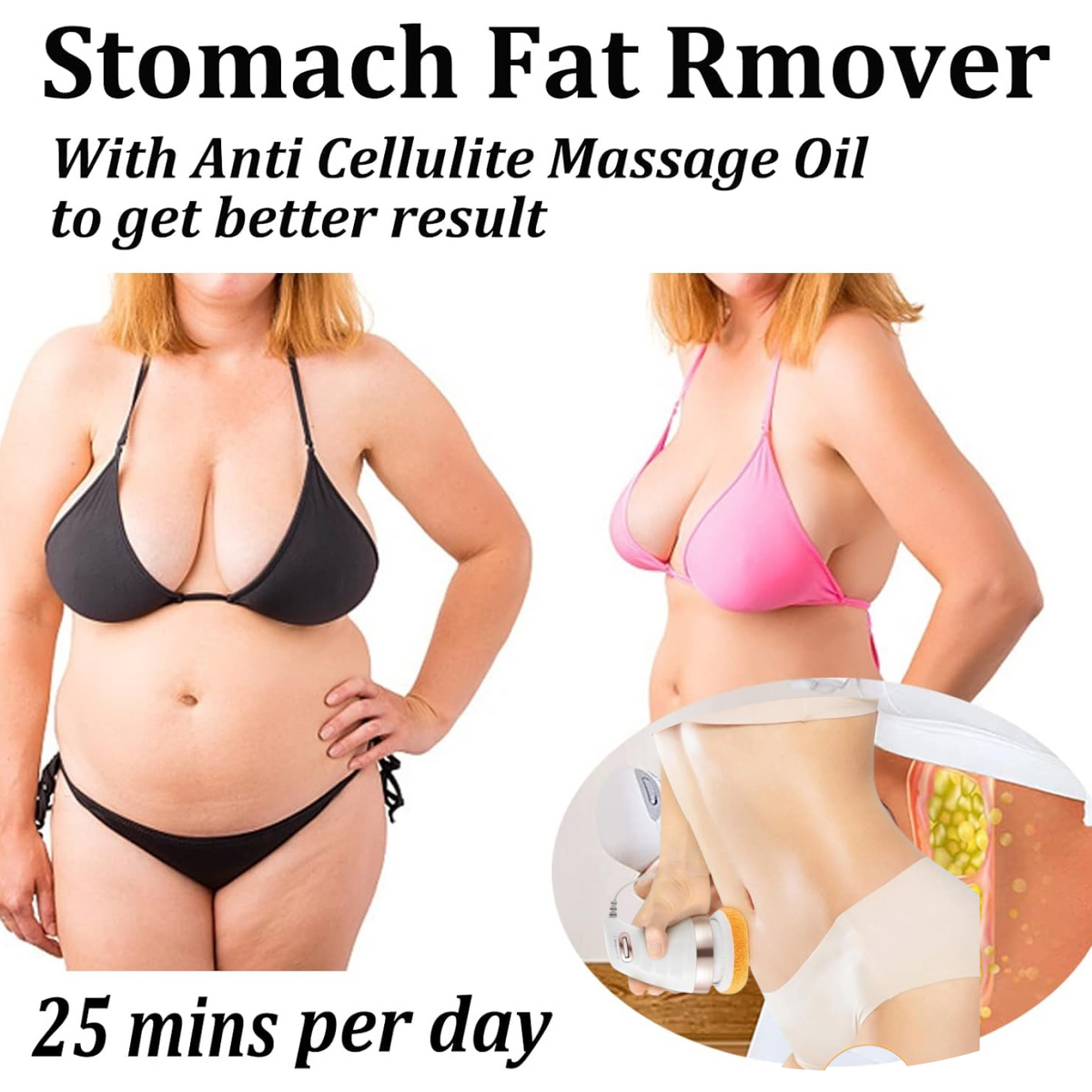 A before and after comparison of a woman's stomach, with an inset showing the massager being used on a person's side with a