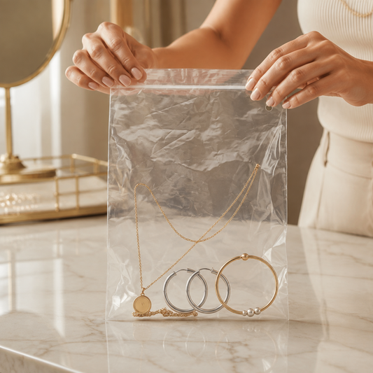 Hands holding open a clear plastic zip lock bag containing gold and silver jewelry.