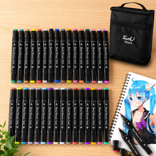 A 36-piece set of dual-tip markers in black with colorful caps, arranged on a wooden table next to a black carrying case and