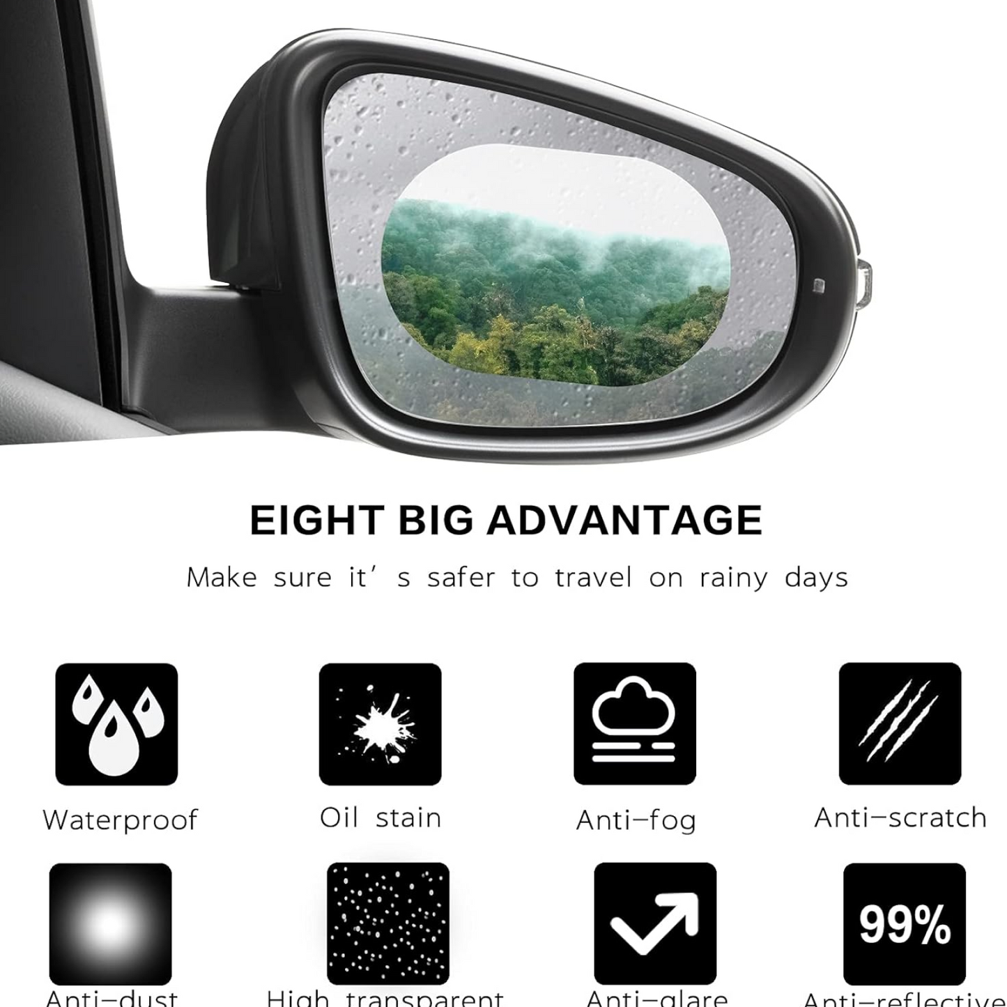 A car side view has an oval anti-fog film showing a clear forest view, with eight advantage icons below.