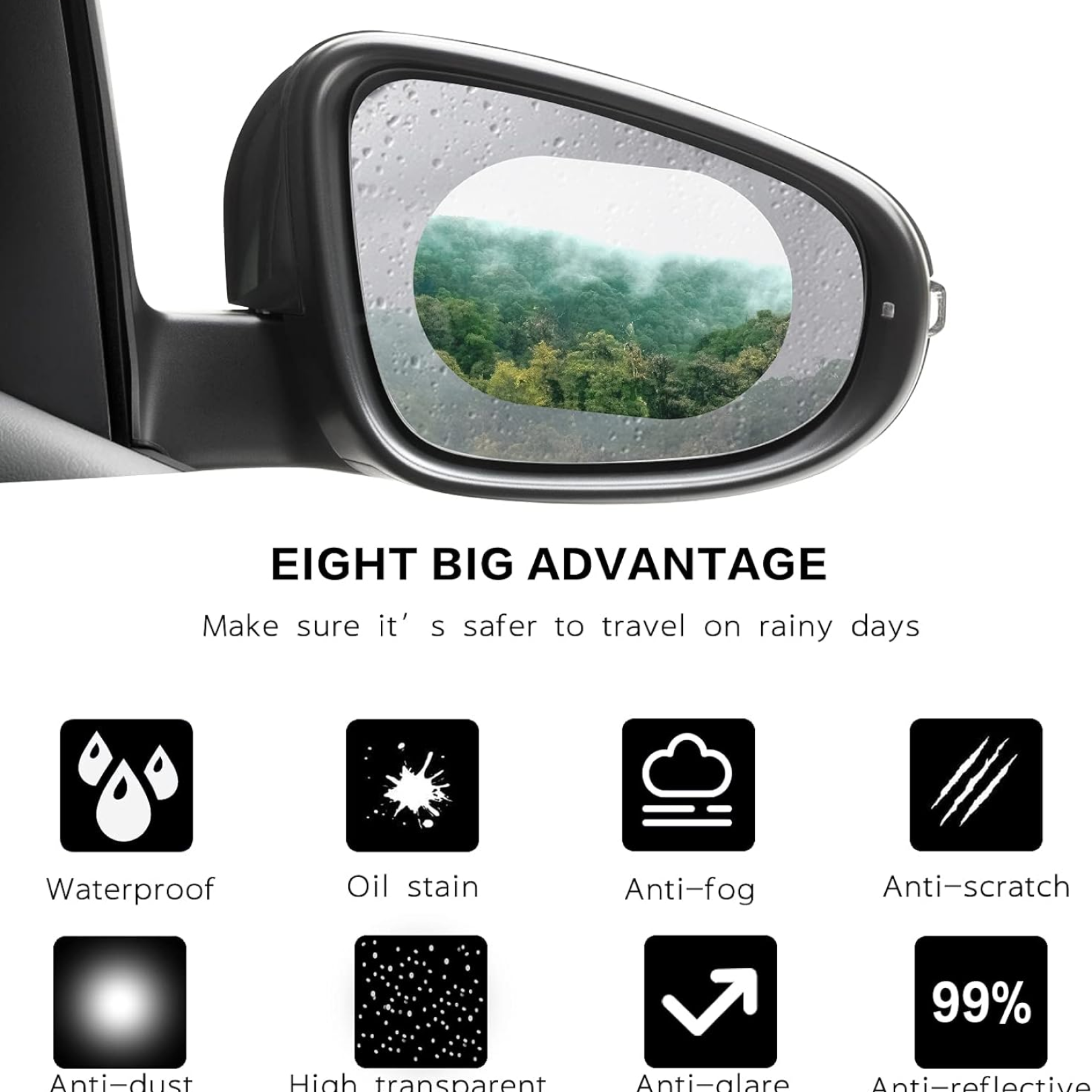 A car side view has an oval anti-fog film showing a clear forest view, with eight advantage icons below.